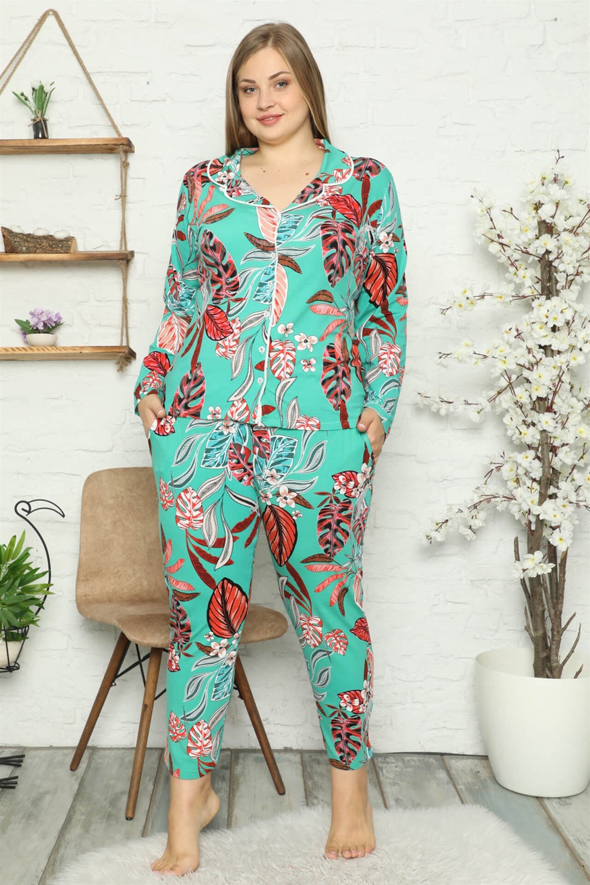Akbeniz Kadın Pamuklu Cepli Uzun Kol Büyük Beden Pijama Takım 202049