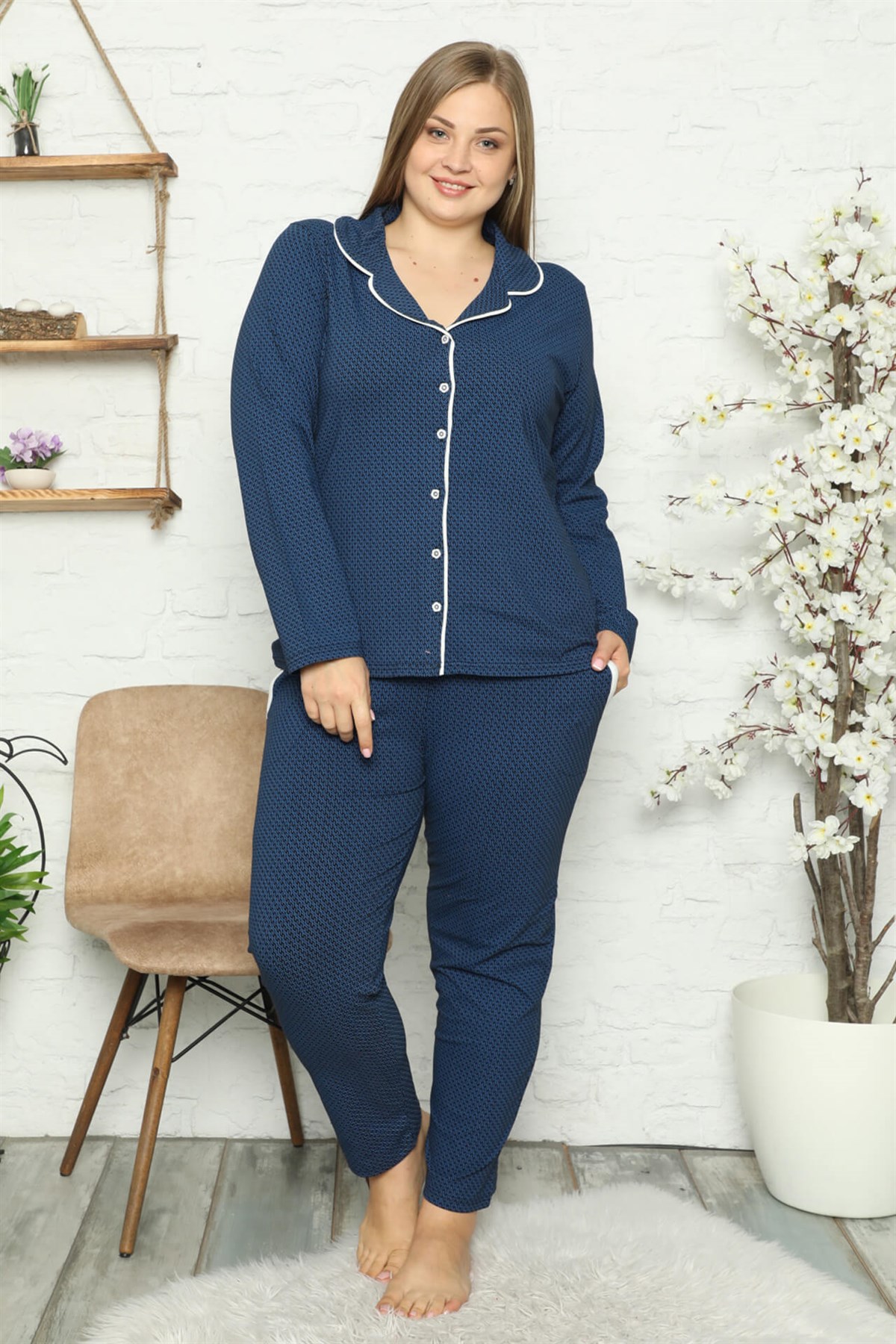 Akbeniz Kadın Pamuklu Cepli Uzun Kol Büyük Beden Pijama Takım 202047