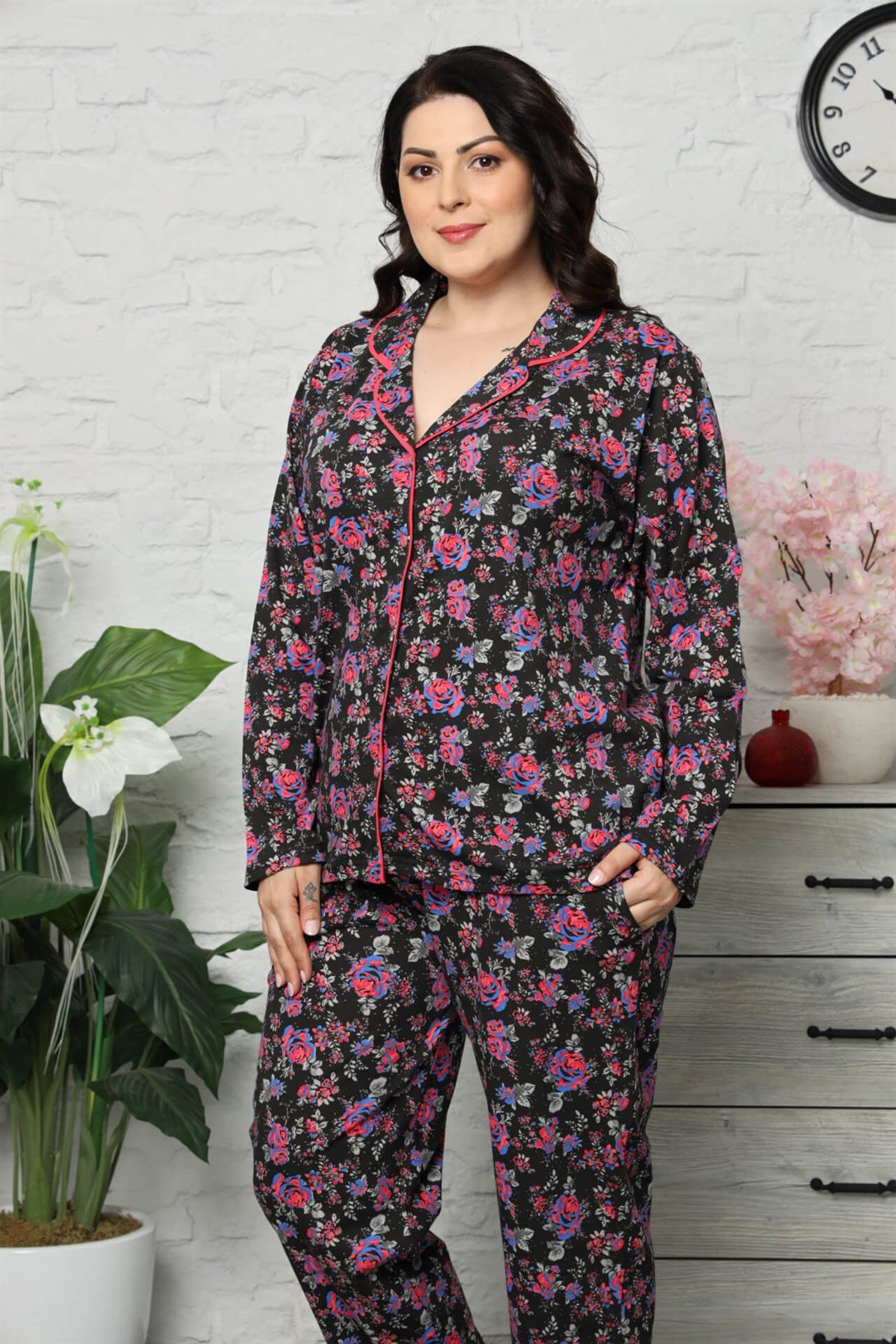 Akbeniz Kadın Pamuklu Cepli Uzun Kol Büyük Beden Pijama Takım 202043