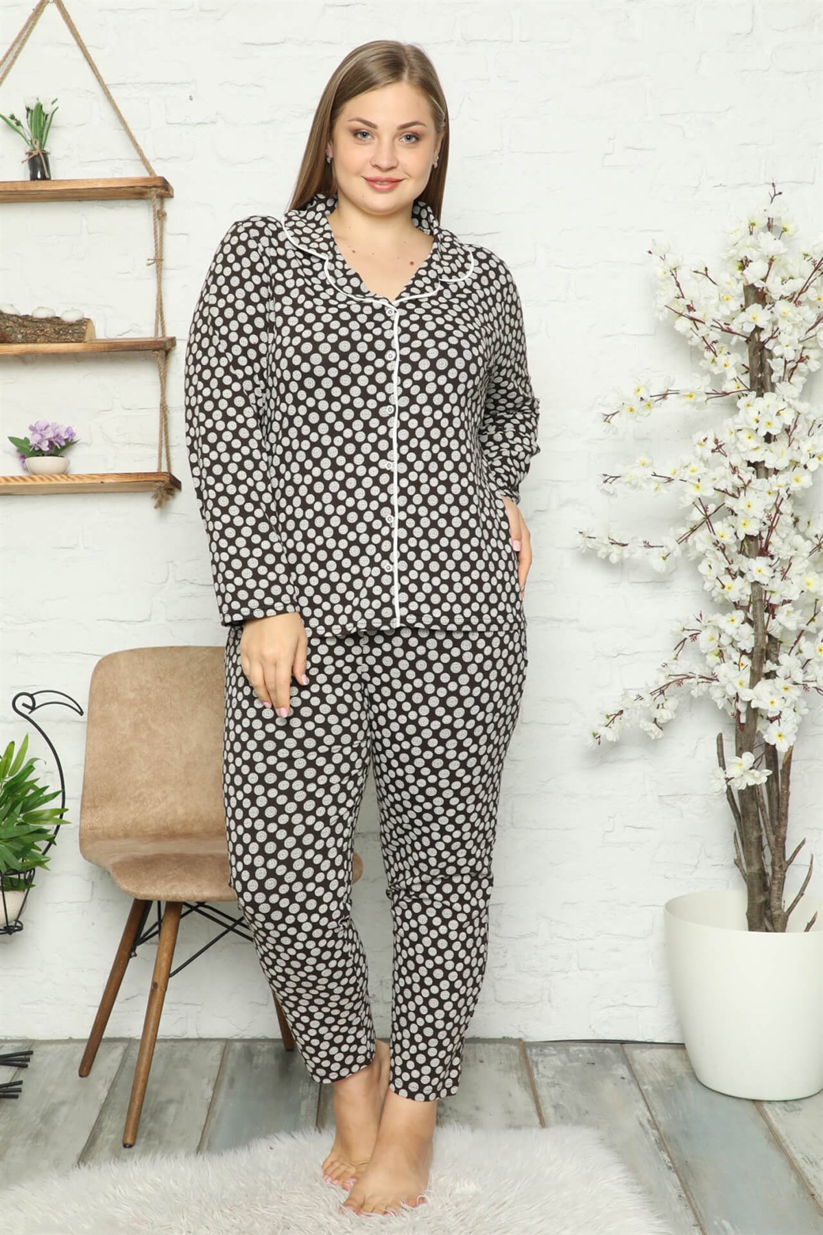 Akbeniz Kadın Pamuklu Cepli Uzun Kol Büyük Beden Pijama Takım 202045