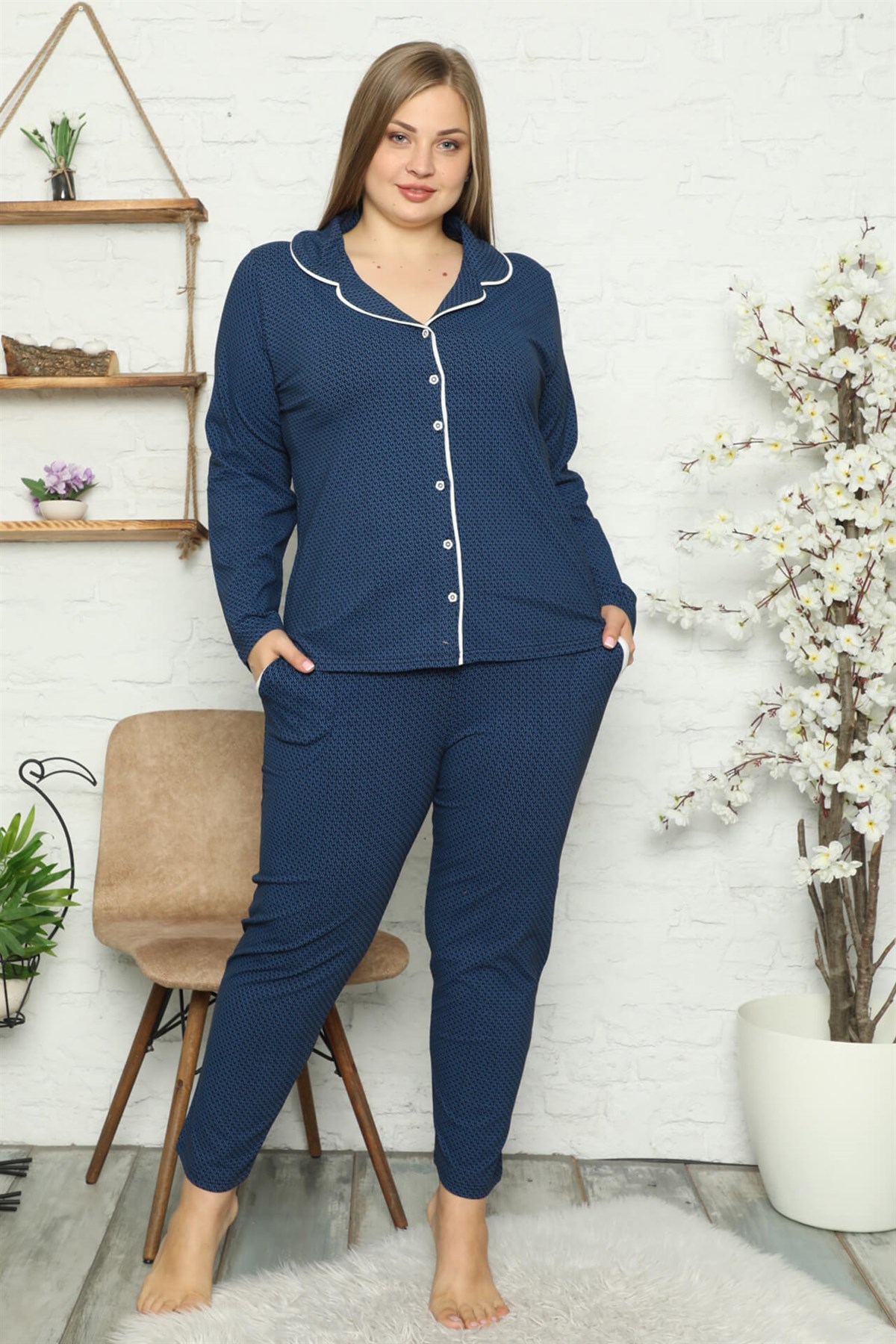 Akbeniz Kadın Pamuklu Cepli Uzun Kol Büyük Beden Pijama Takım 202047