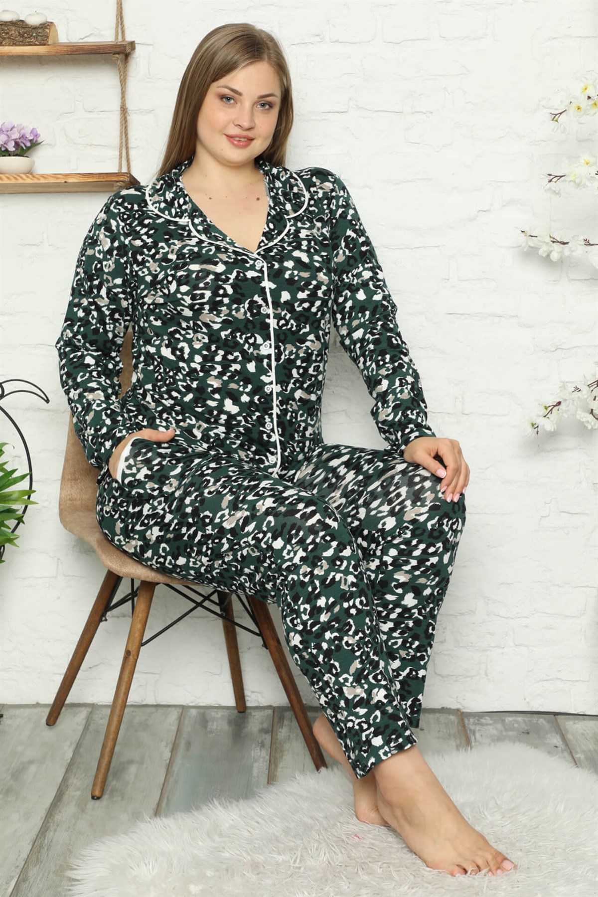 Akbeniz Kadın Pamuklu Cepli Uzun Kol Büyük Beden Pijama Takım 202046