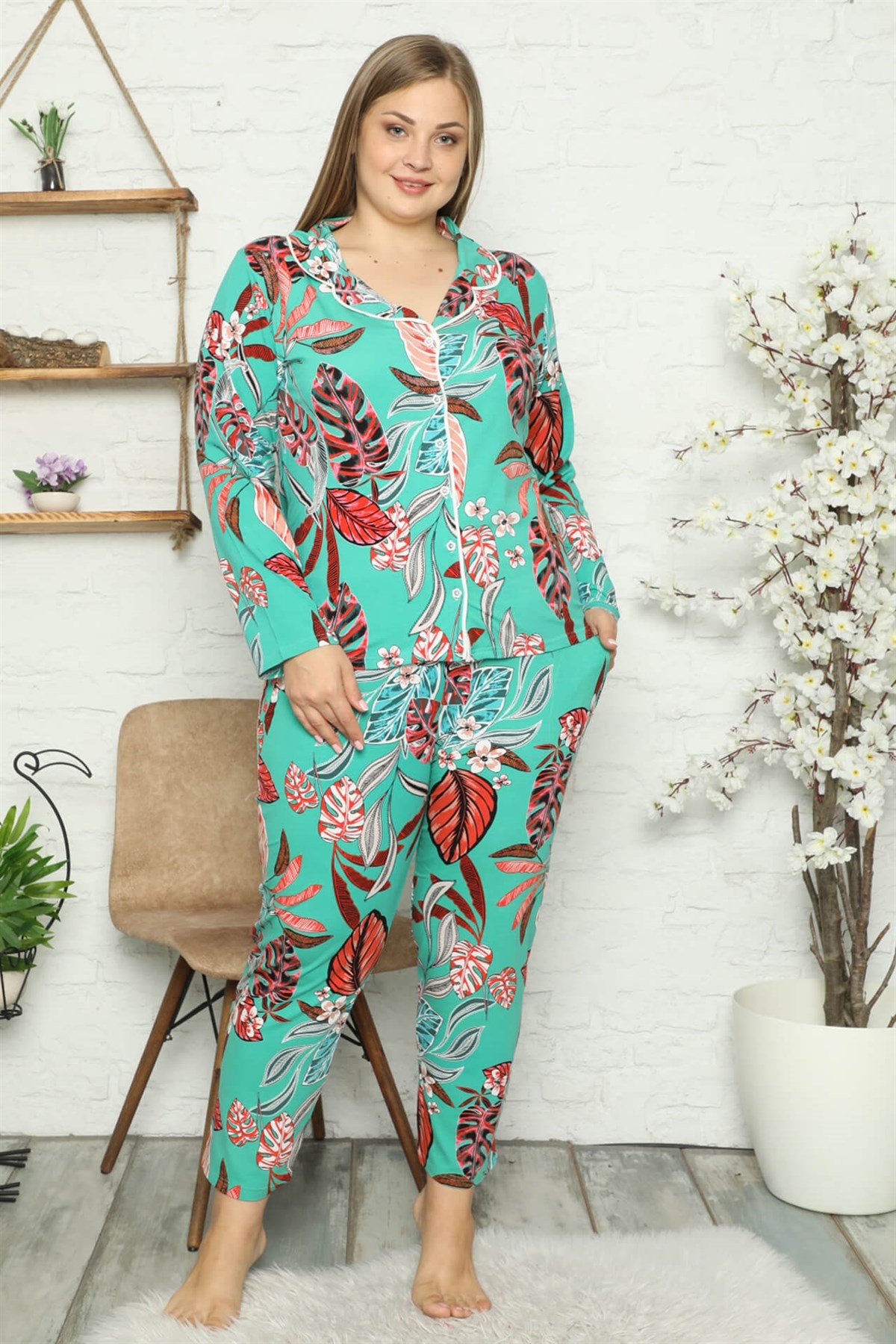 Akbeniz Kadın Pamuklu Cepli Uzun Kol Büyük Beden Pijama Takım 202049