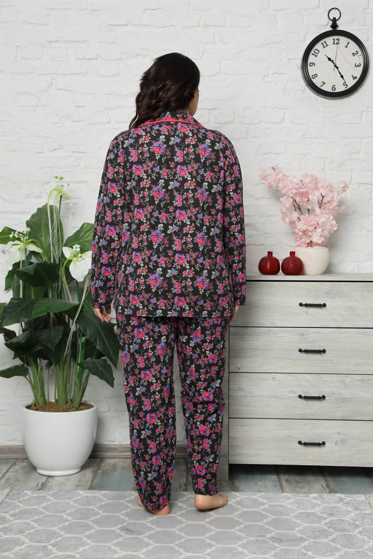 Akbeniz Kadın Pamuklu Cepli Uzun Kol Büyük Beden Pijama Takım 202043