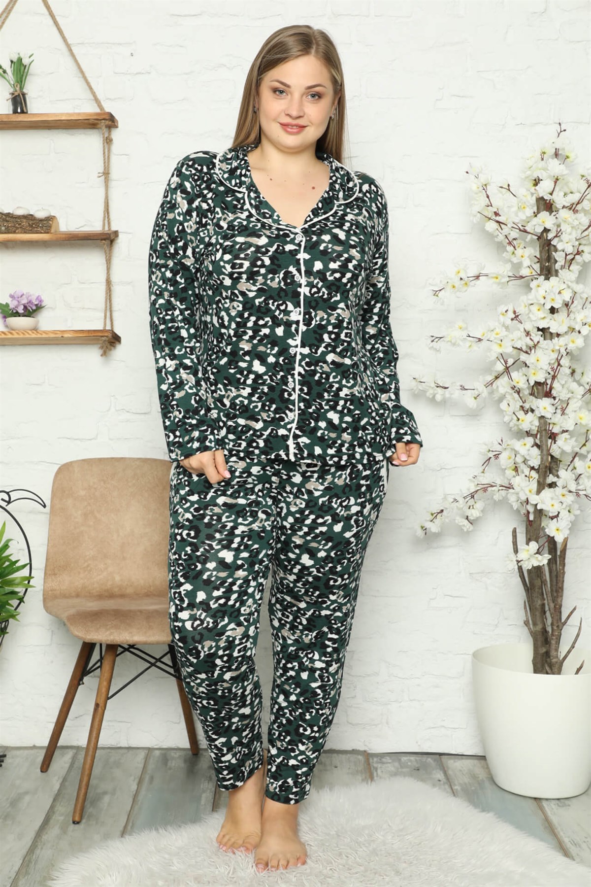 Akbeniz Kadın Pamuklu Cepli Uzun Kol Büyük Beden Pijama Takım 202046