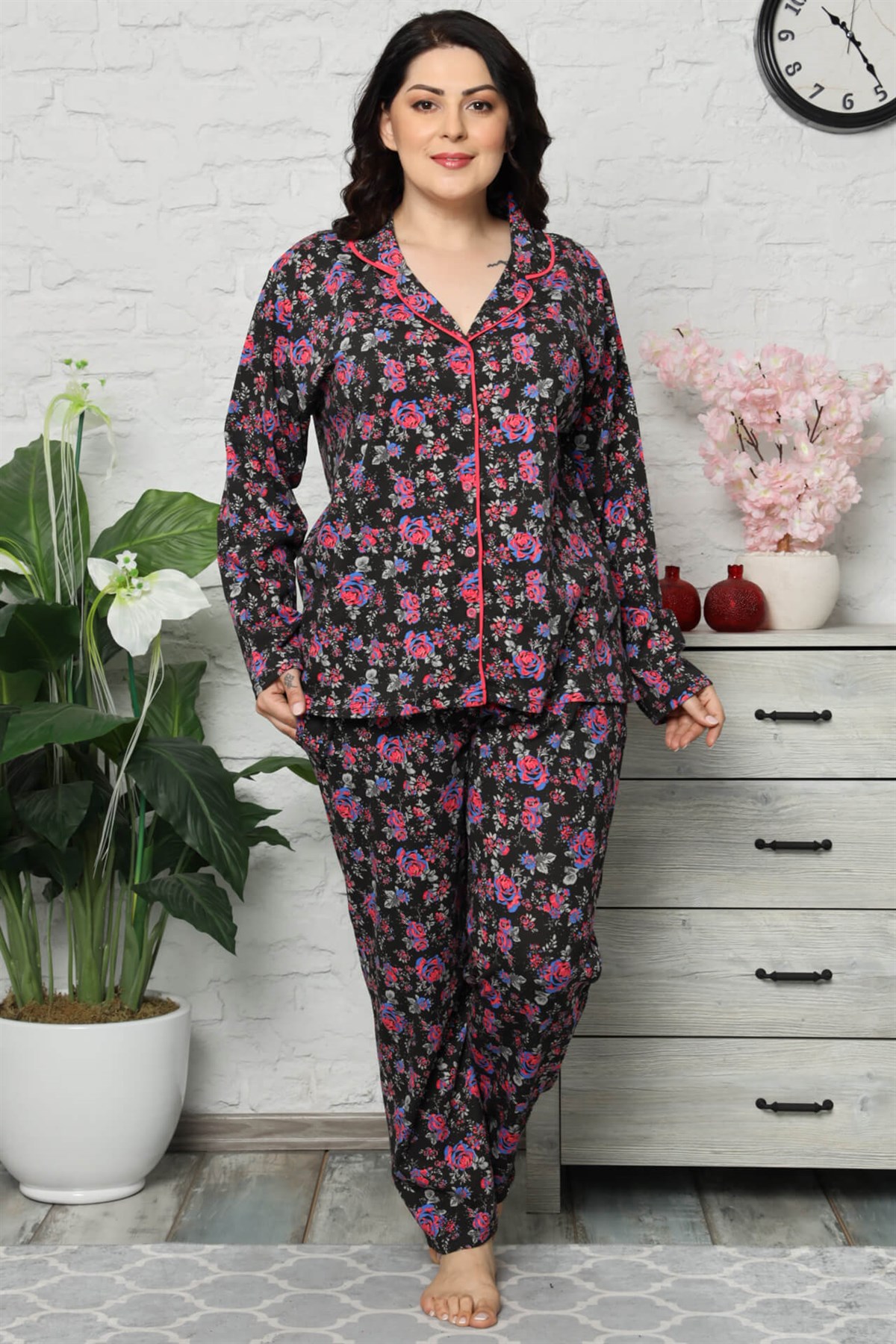 Akbeniz Kadın Pamuklu Cepli Uzun Kol Büyük Beden Pijama Takım 202043