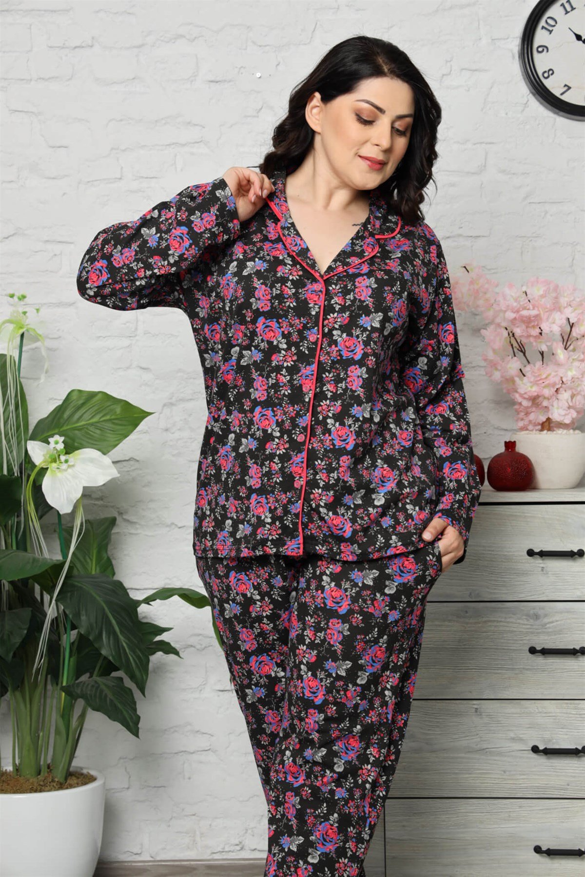 Akbeniz Kadın Pamuklu Cepli Uzun Kol Büyük Beden Pijama Takım 202043