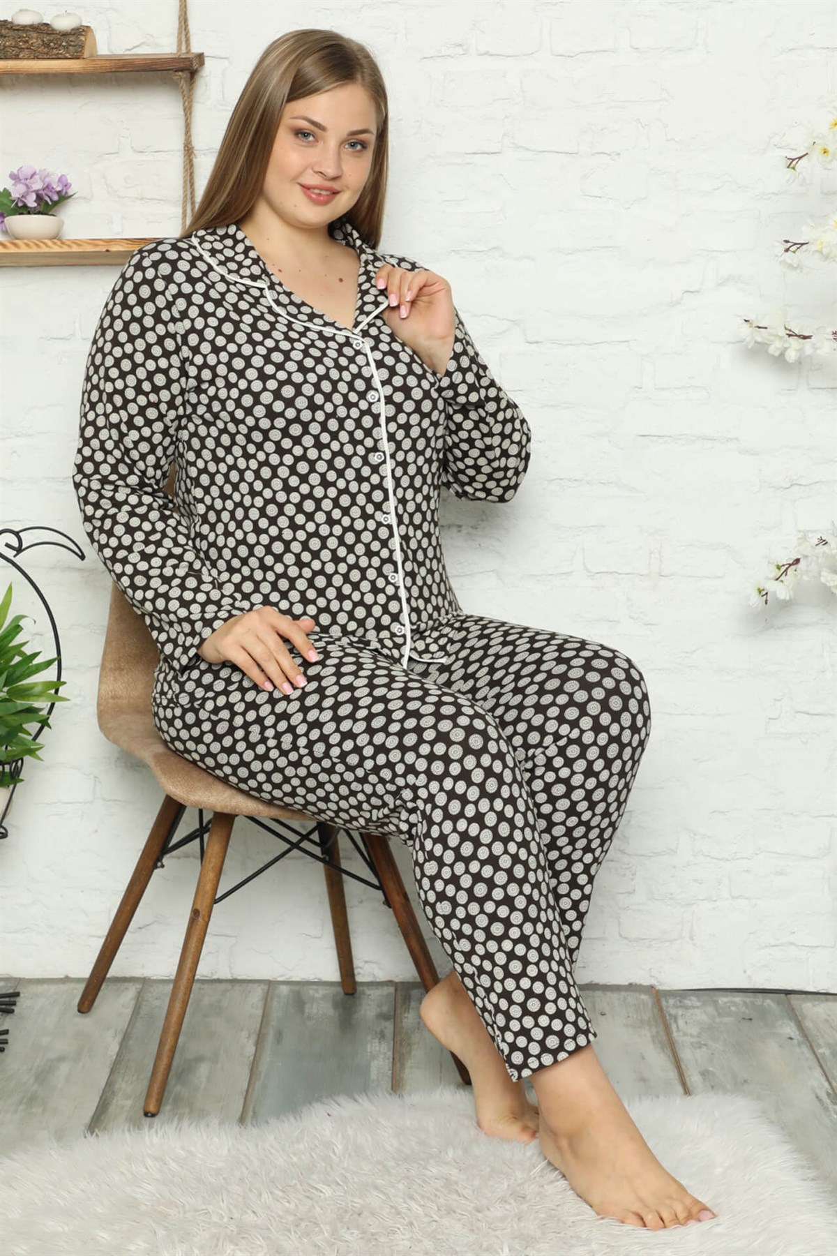 Akbeniz Kadın Pamuklu Cepli Uzun Kol Büyük Beden Pijama Takım 202045