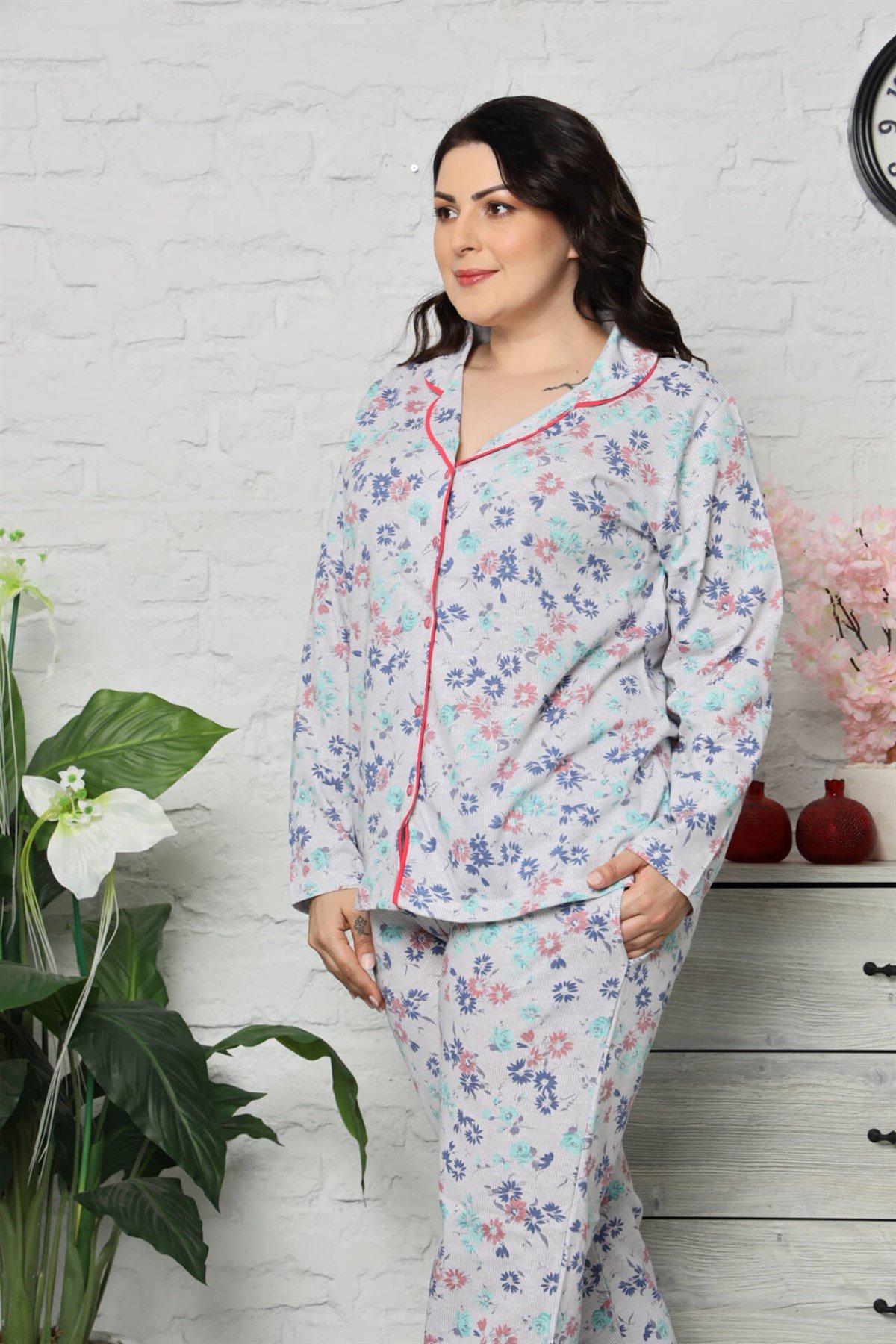 Akbeniz Kadın Pamuklu Cepli Uzun Kol Büyük Beden Pijama Takım 202041