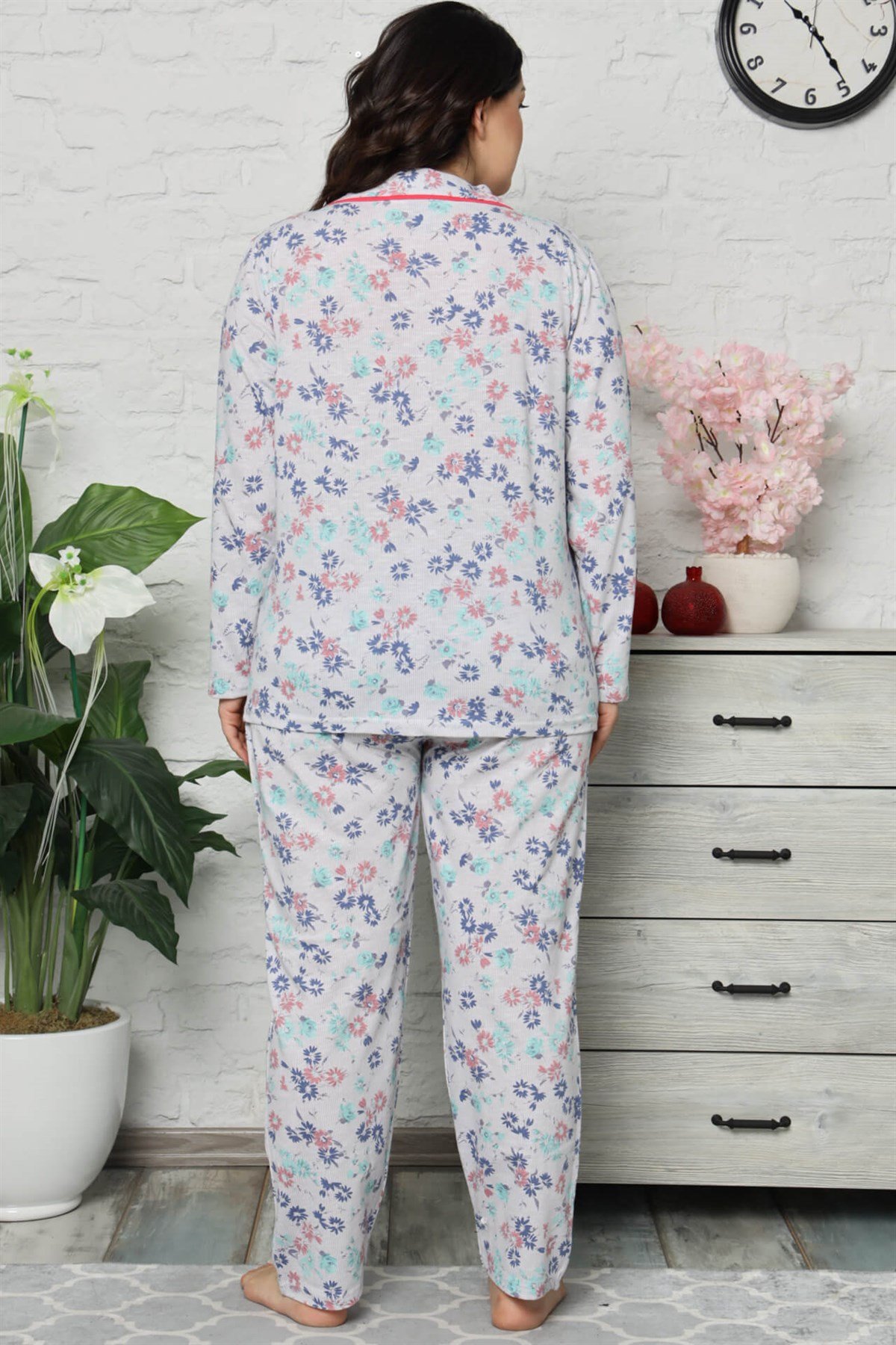 Akbeniz Kadın Pamuklu Cepli Uzun Kol Büyük Beden Pijama Takım 202041