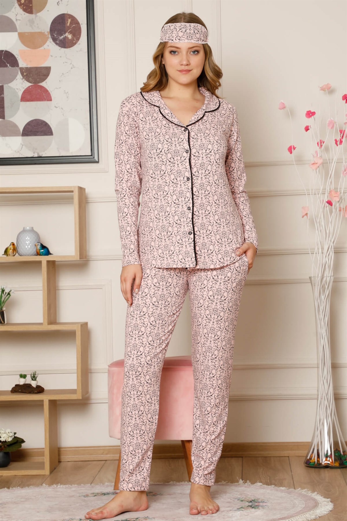 Akbeniz Kadın Pamuklu Düğmeli Cepli Şardonlu Uzun Kol Pijama Takım 2495