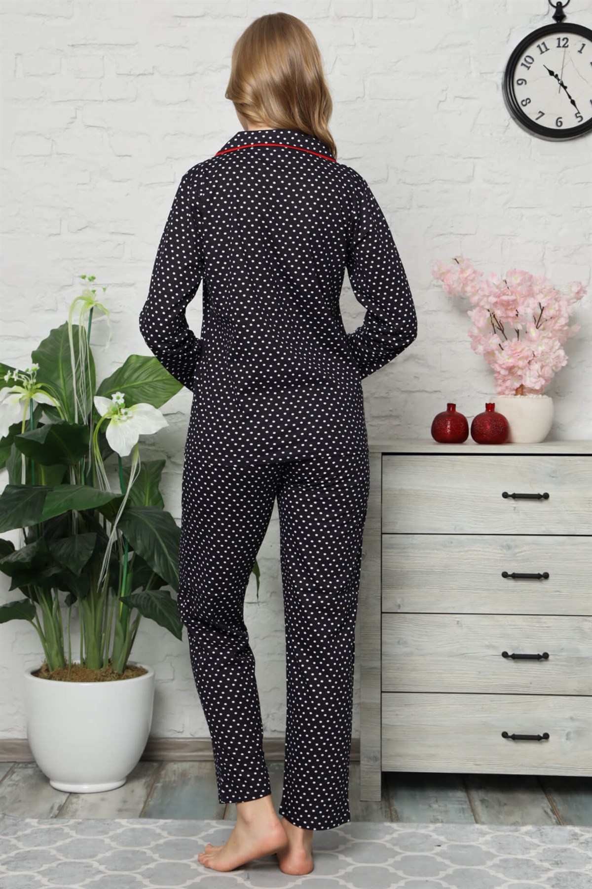 Akbeniz Kadın Pamuklu Düğmeli Cepli Uzun Kol Pijama Takım 2479