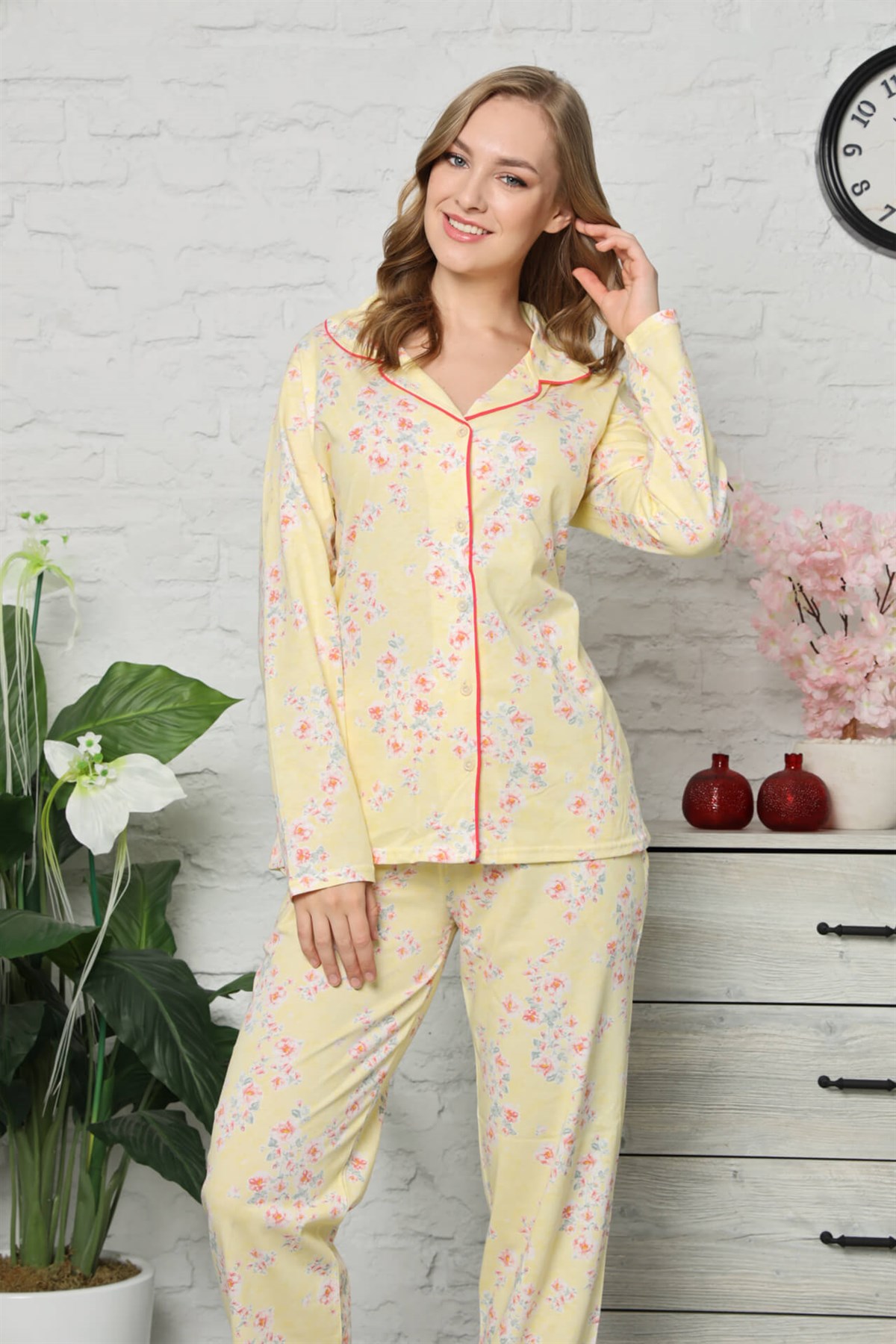 Akbeniz Kadın Pamuklu Düğmeli Cepli Uzun Kol Pijama Takım 2476