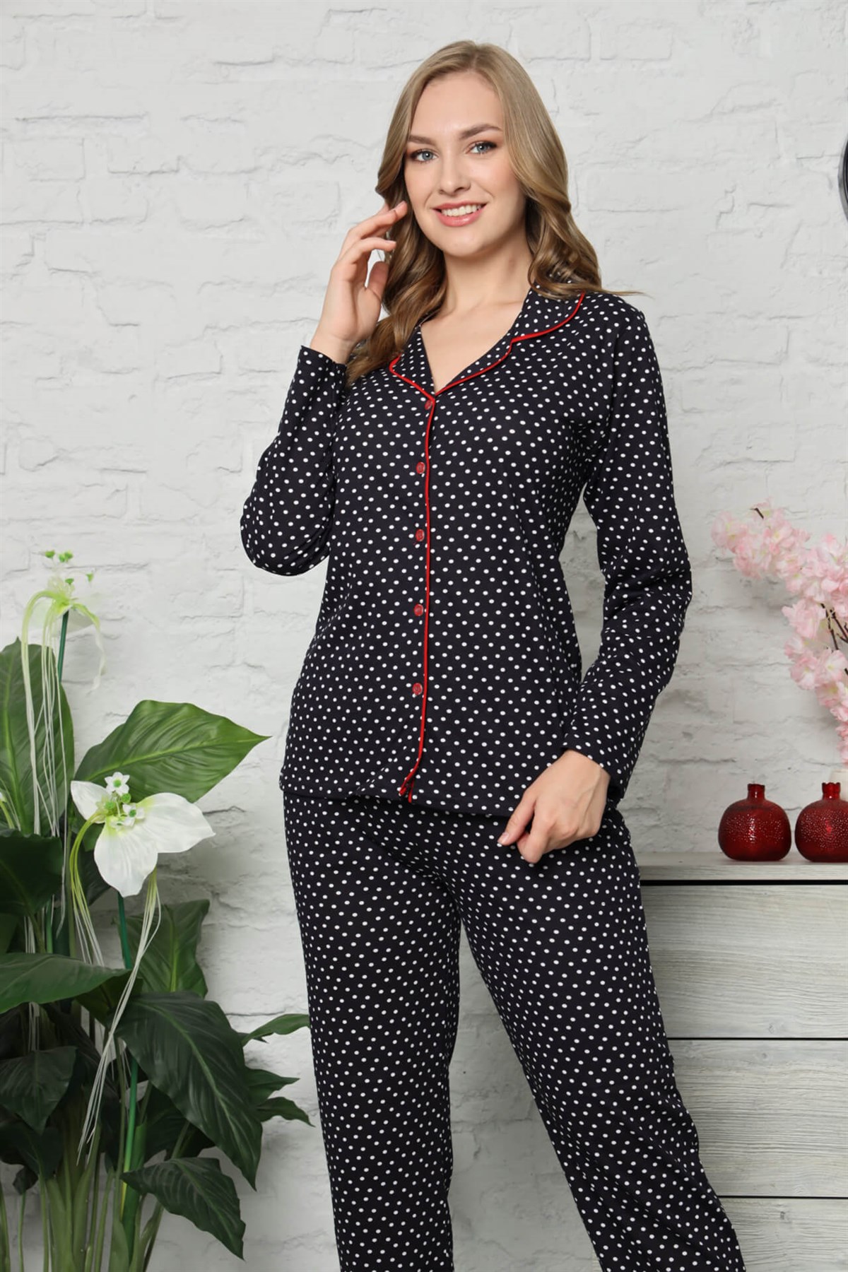 Akbeniz Kadın Pamuklu Düğmeli Cepli Uzun Kol Pijama Takım 2479