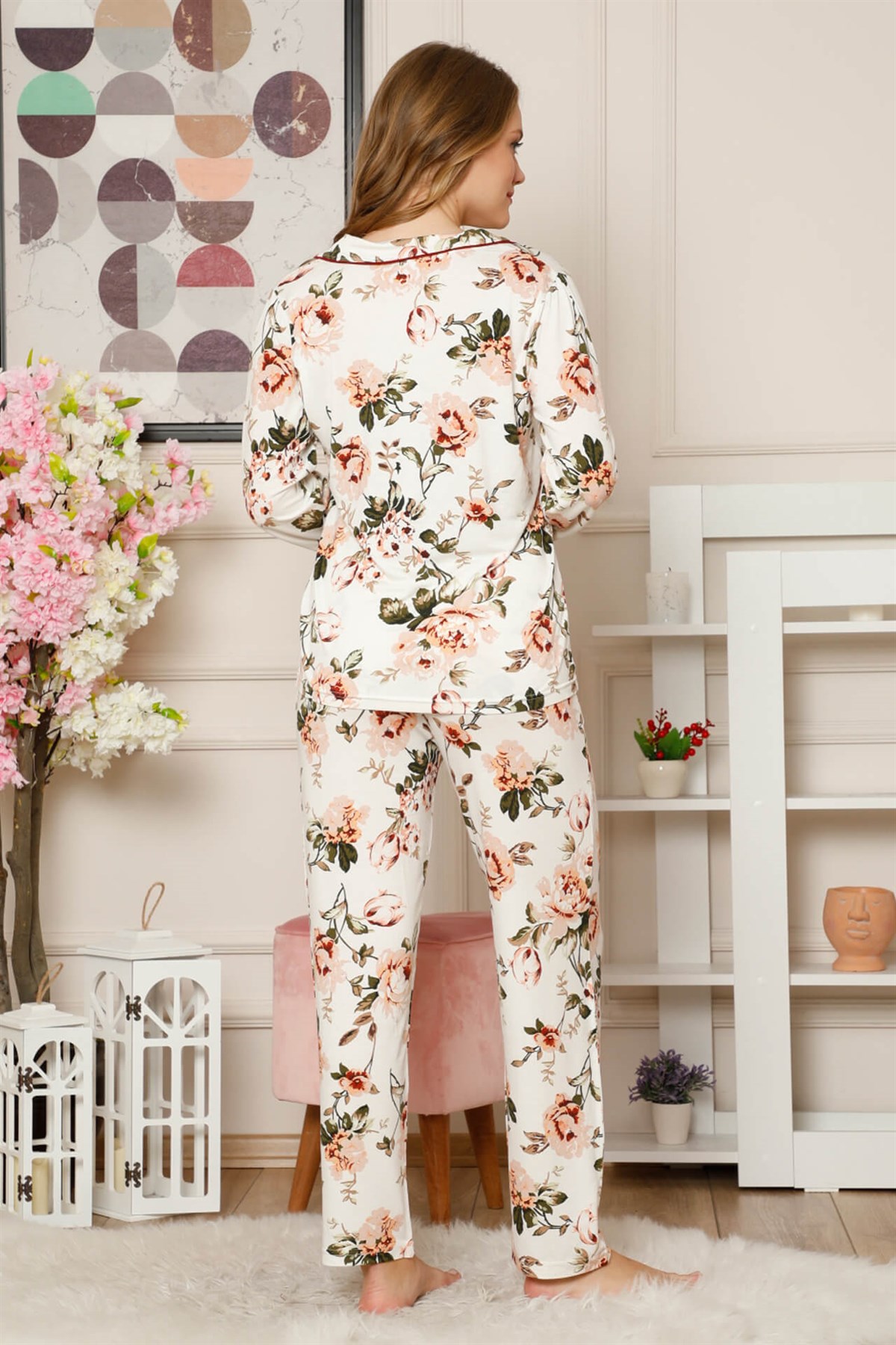 Akbeniz Kadın Pamuklu Düğmeli Cepli Uzun Kol Pijama Takım 2487