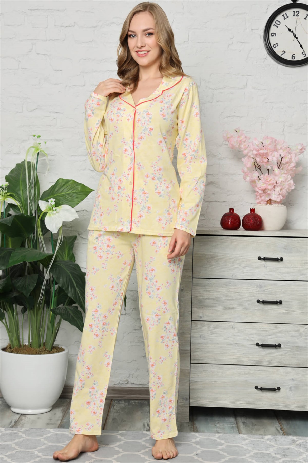 Akbeniz Kadın Pamuklu Düğmeli Cepli Uzun Kol Pijama Takım 2476