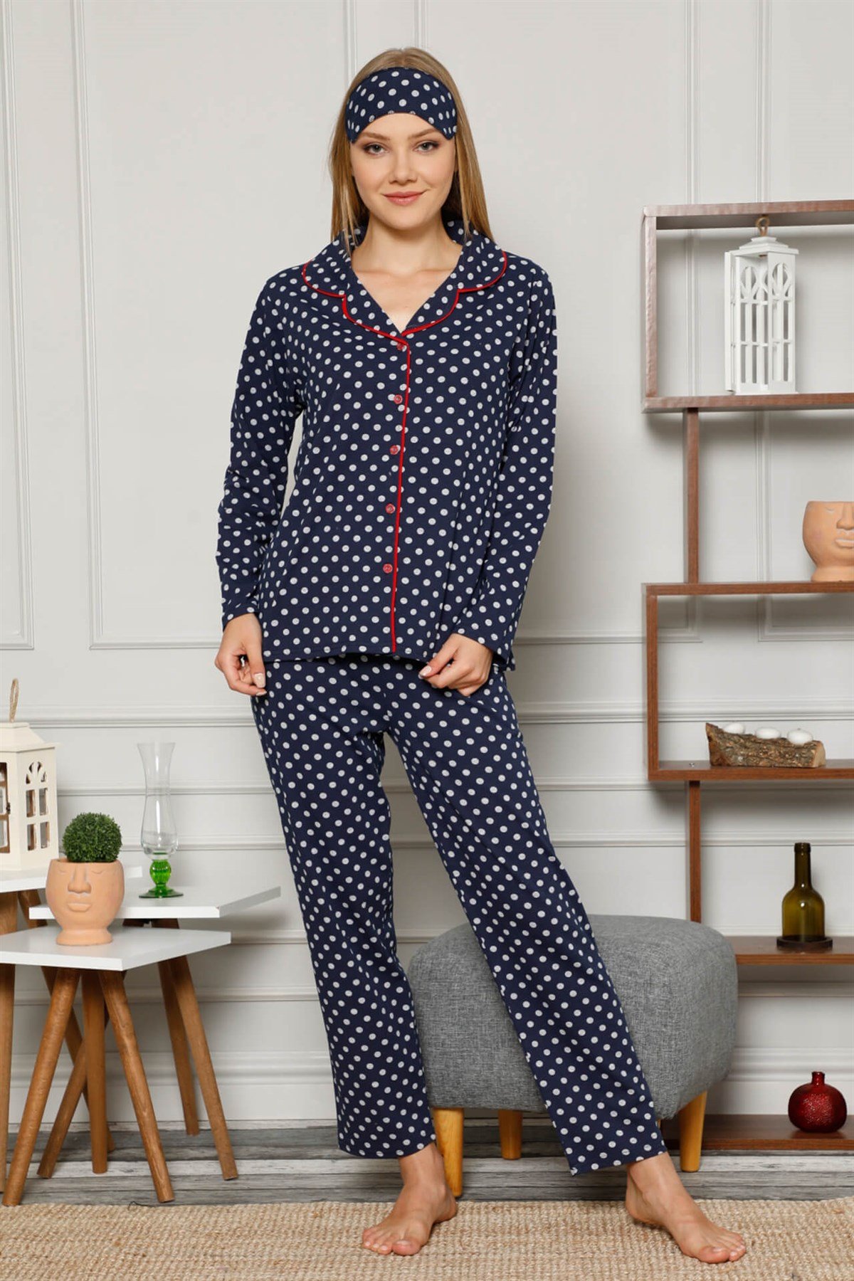 Akbeniz Kadın Pamuklu Düğmeli Cepli Uzun Kol Pijama Takım 2499