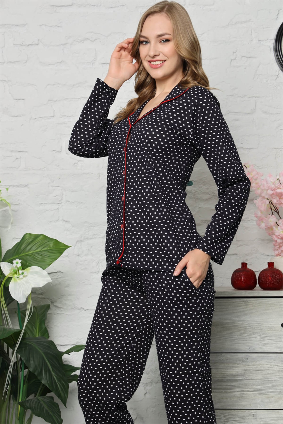 Akbeniz Kadın Pamuklu Düğmeli Cepli Uzun Kol Pijama Takım 2479