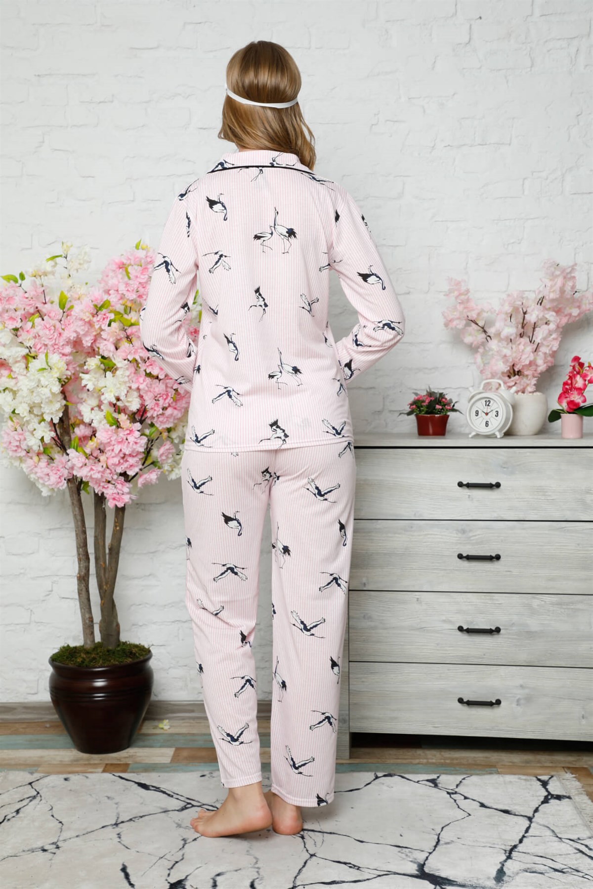 Akbeniz Kadın Pamuklu Düğmeli Cepli Uzun Kol Pijama Takım 2484