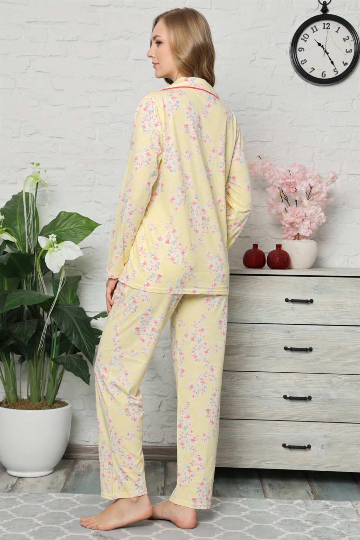 Akbeniz Kadın Pamuklu Düğmeli Cepli Uzun Kol Pijama Takım 2476