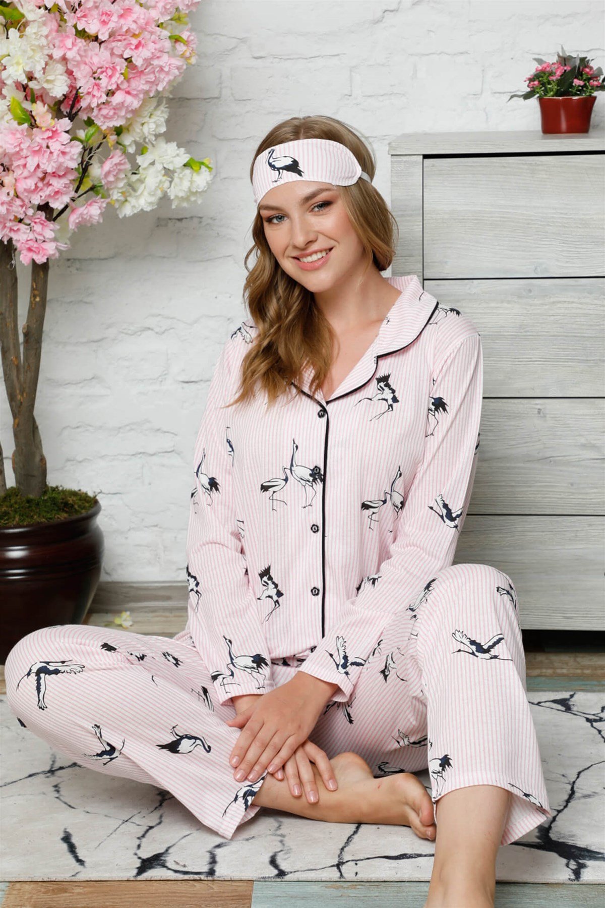 Akbeniz Kadın Pamuklu Düğmeli Cepli Uzun Kol Pijama Takım 2484