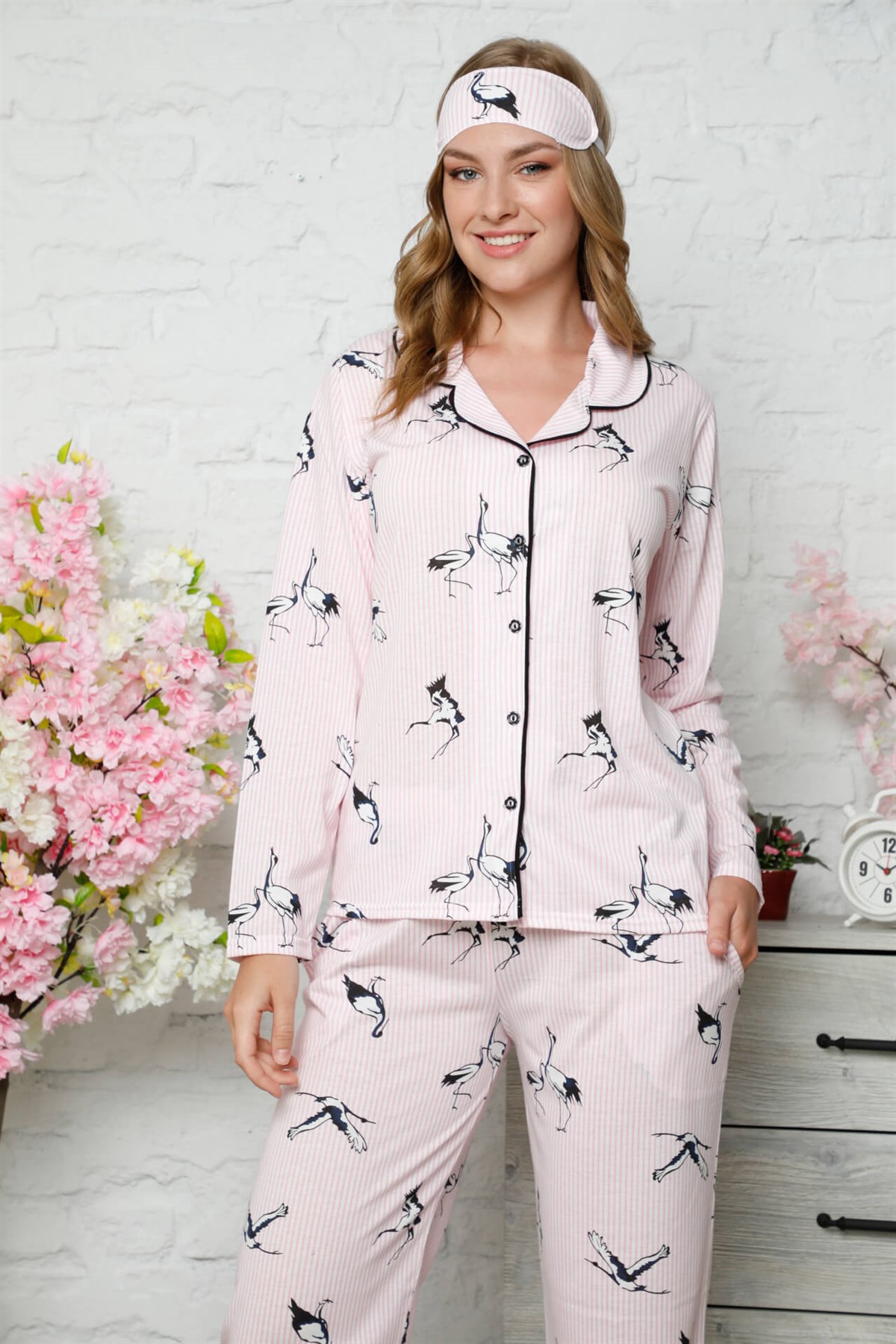 Akbeniz Kadın Pamuklu Düğmeli Cepli Uzun Kol Pijama Takım 2484