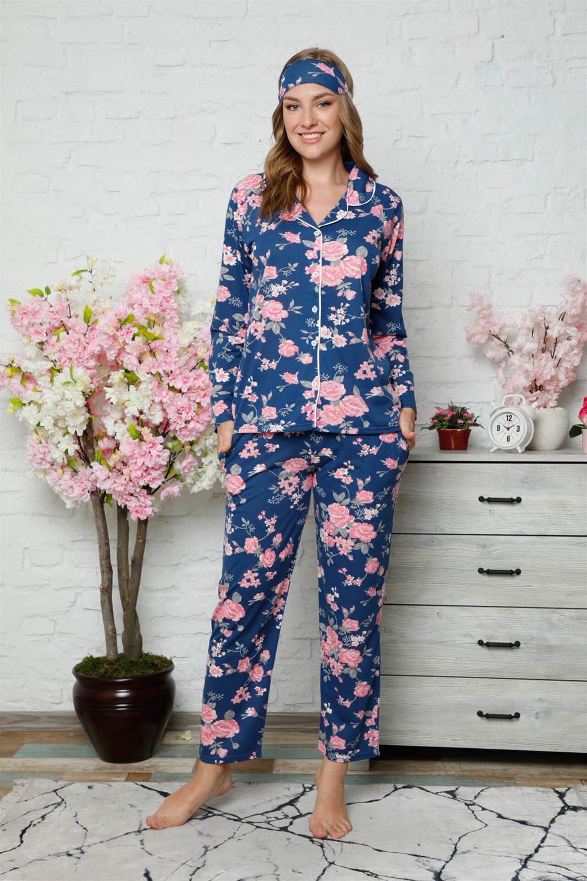 Akbeniz Kadın Pamuklu Düğmeli Cepli Uzun Kol Pijama Takım 2482