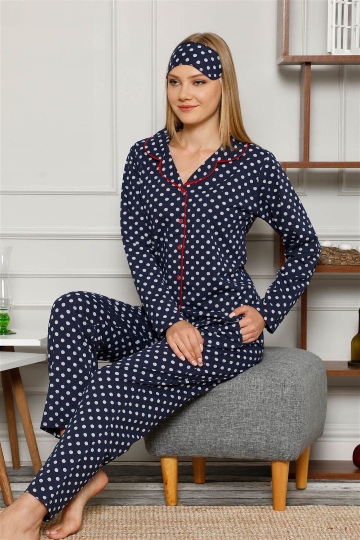 Akbeniz Kadın Pamuklu Düğmeli Cepli Uzun Kol Pijama Takım 2499