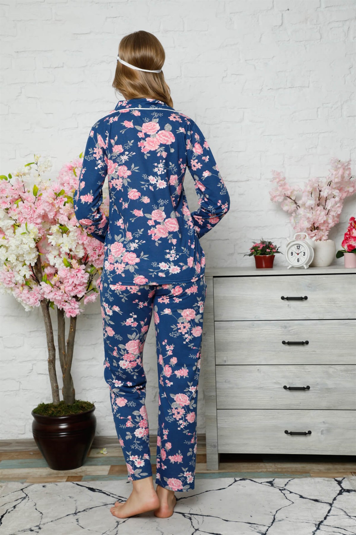 Akbeniz Kadın Pamuklu Düğmeli Cepli Uzun Kol Pijama Takım 2482