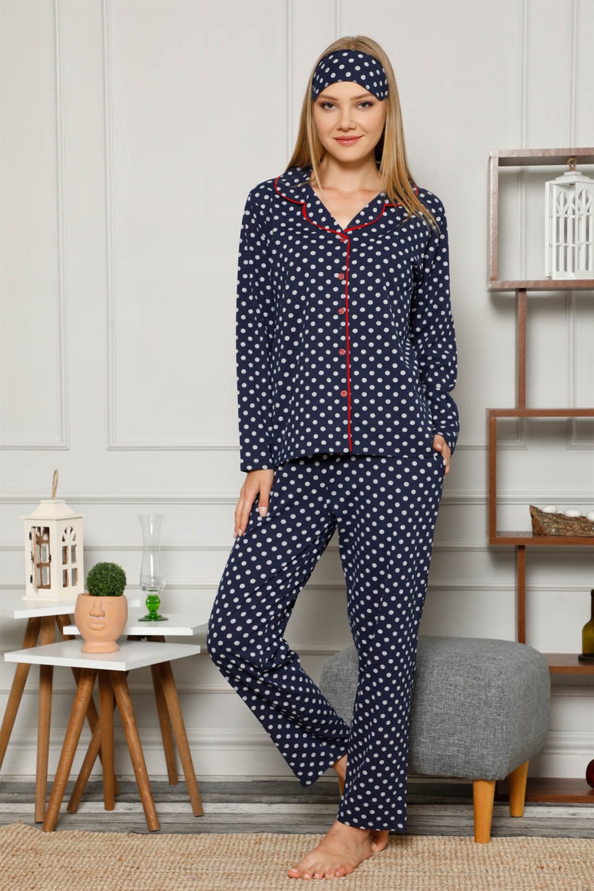 Akbeniz Kadın Pamuklu Düğmeli Cepli Uzun Kol Pijama Takım 2499