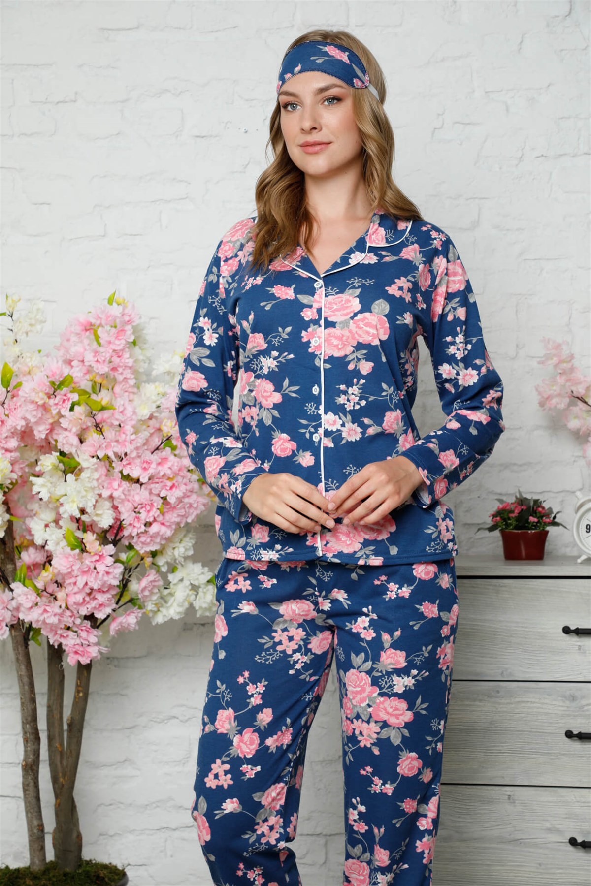 Akbeniz Kadın Pamuklu Düğmeli Cepli Uzun Kol Pijama Takım 2482