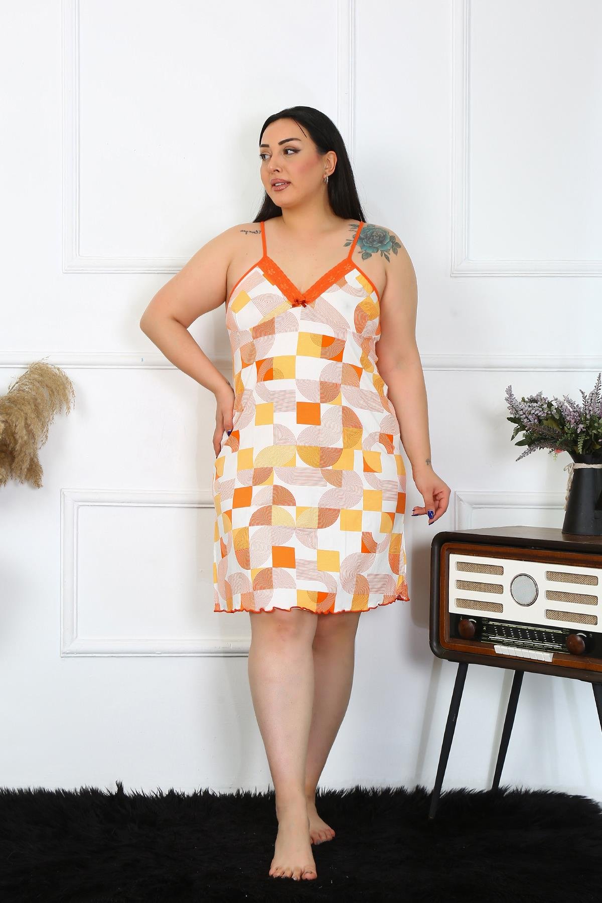 Akbeniz Kadın Pamuklu İp Askılı Büyük Beden Gecelik 1027