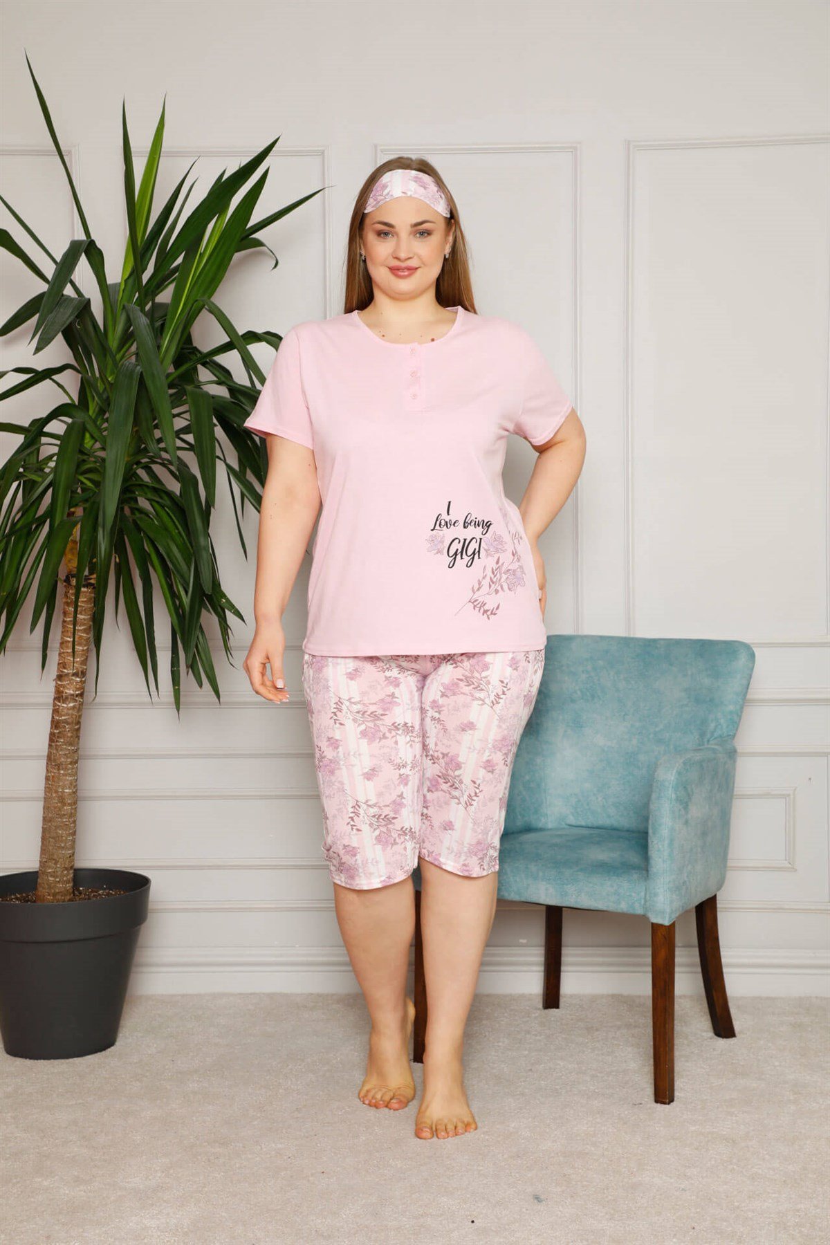 Akbeniz Kadın Pamuklu Kısa Kol Büyük Beden Kapri Pijama Takım 202090