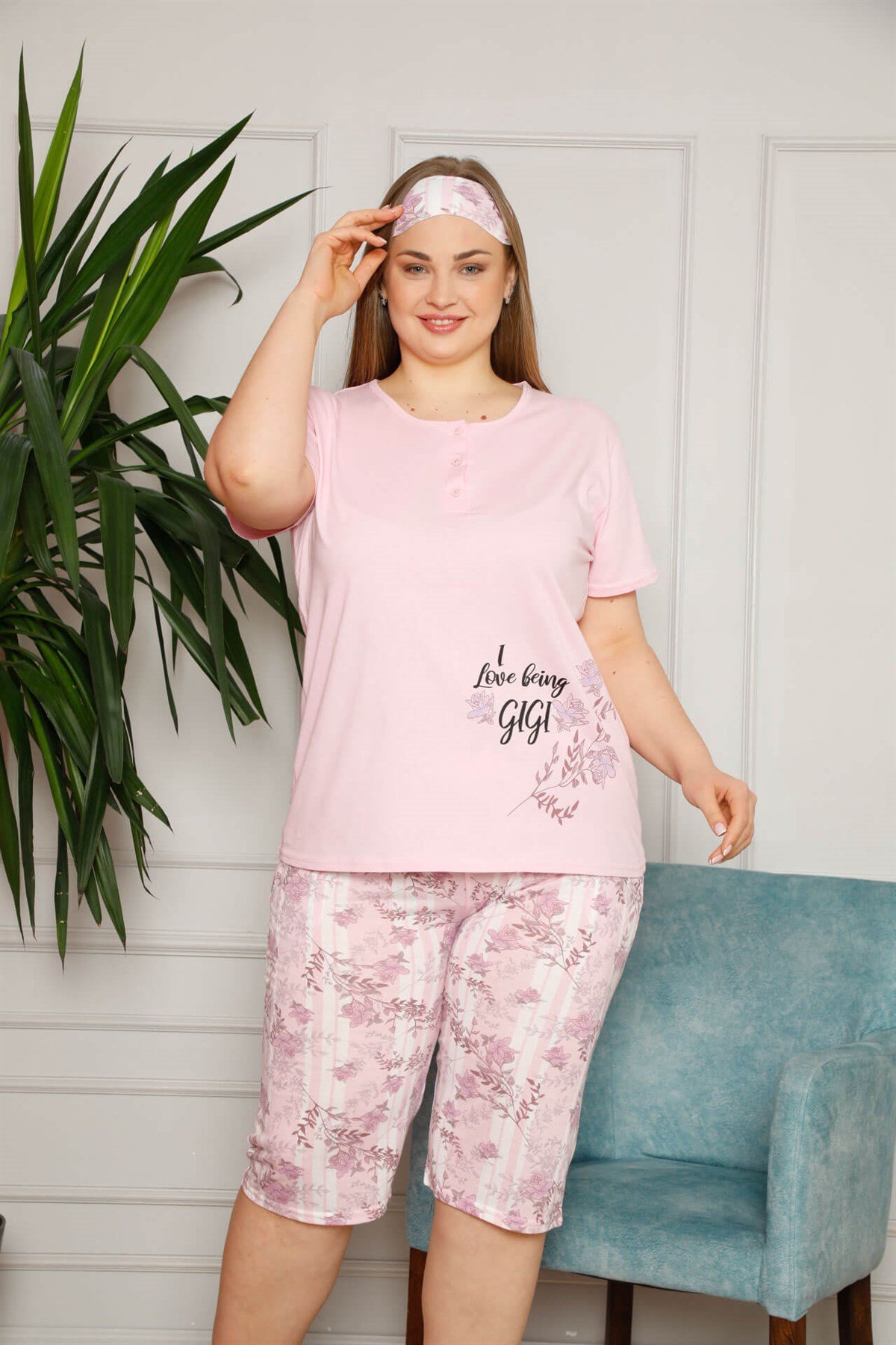 Akbeniz Kadın Pamuklu Kısa Kol Büyük Beden Kapri Pijama Takım 202090
