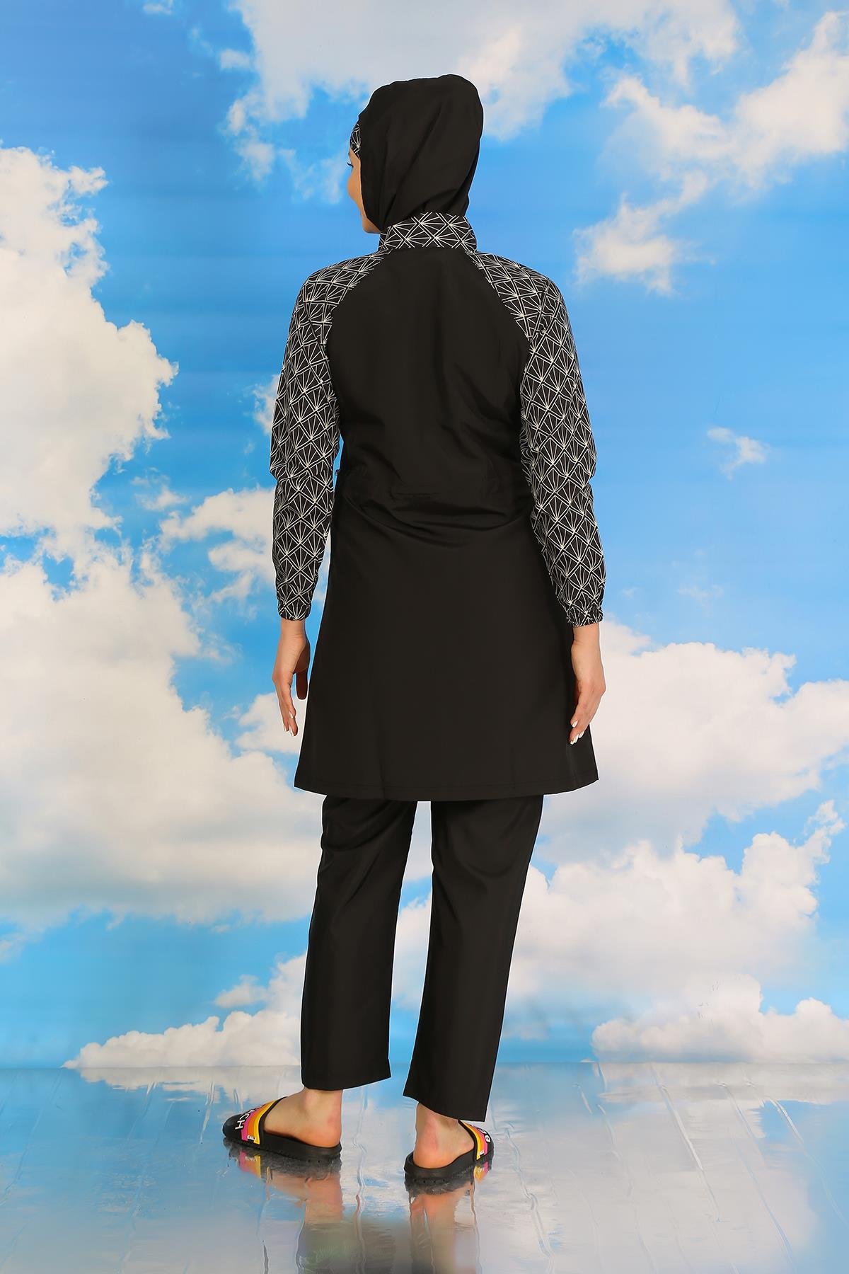 Akbeniz Kadın Pantolonlu Desenli Tam Tesettür Mayo Siyah 31072
