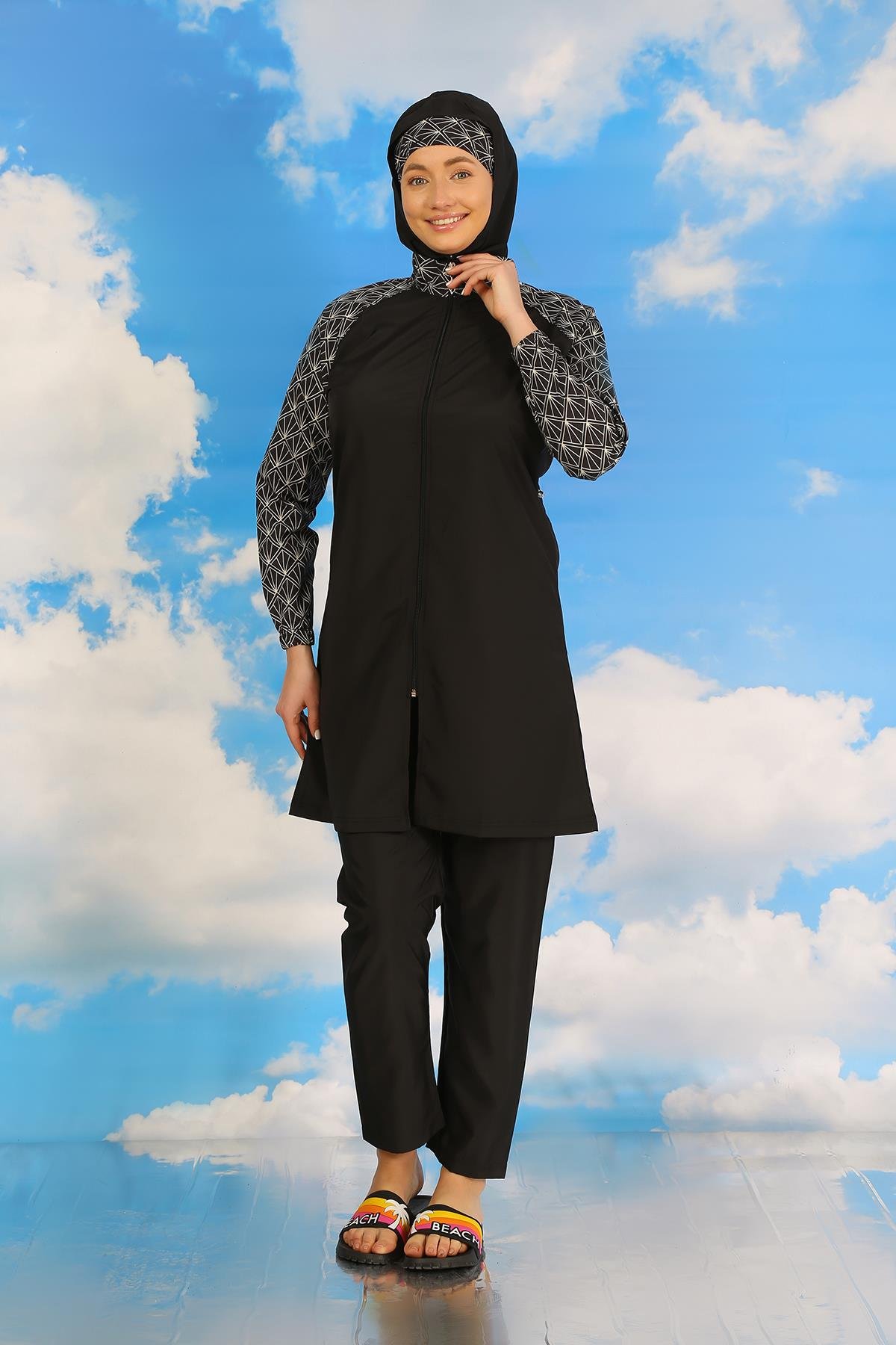 Akbeniz Kadın Pantolonlu Desenli Tam Tesettür Mayo Siyah 31072