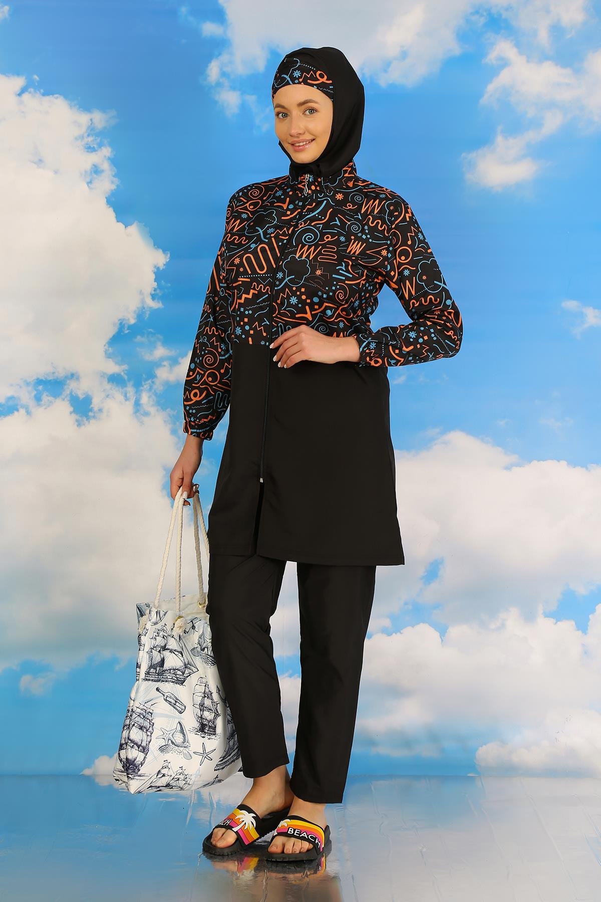 Akbeniz Kadın Pantolonlu Desenli Tam Tesettür Mayo Siyah 31075
