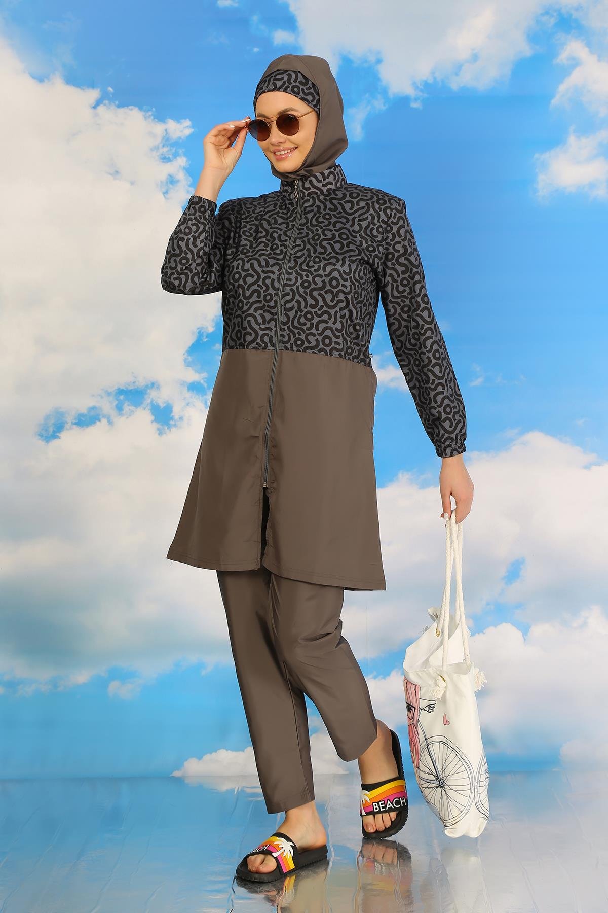 Akbeniz Kadın Pantolonlu Desenli Tam Tesettür Mayo Füme 31074