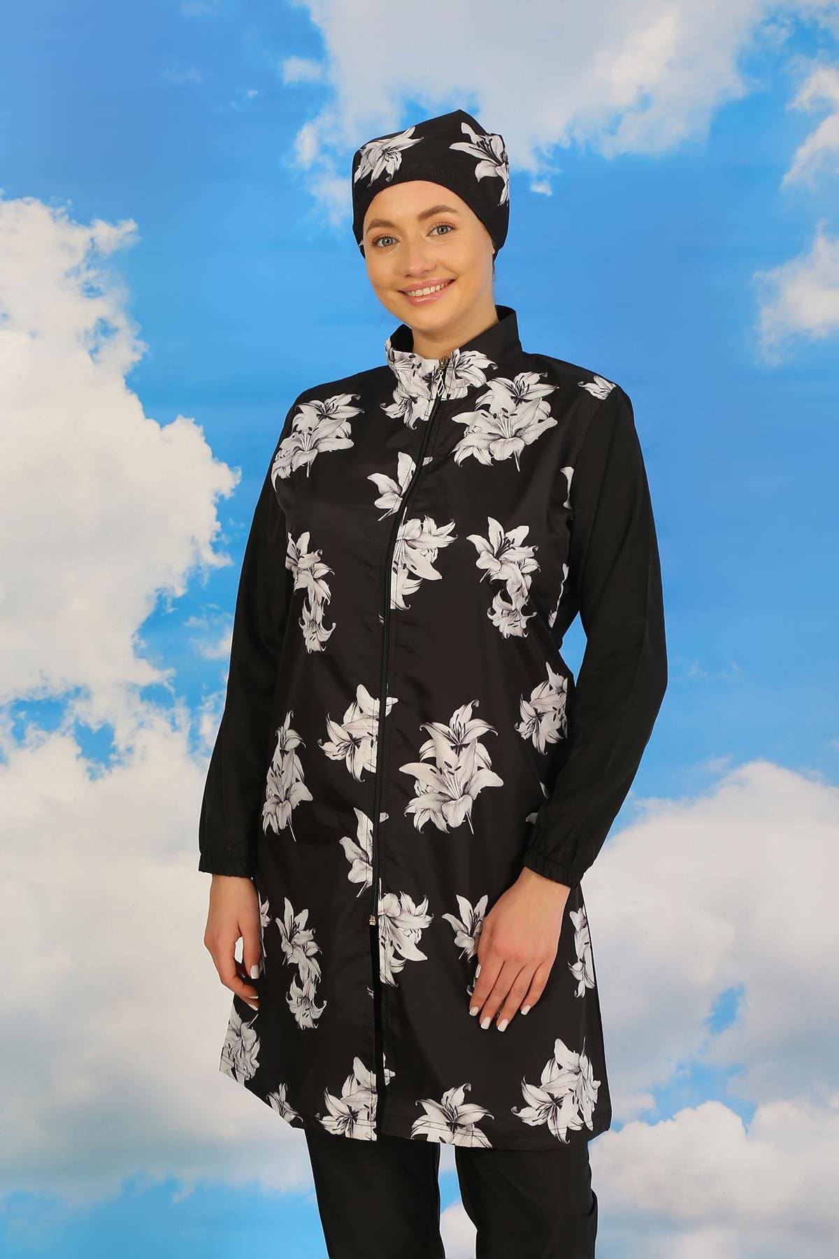 Akbeniz Kadın Pantolonlu Desenli Tam Tesettür Mayo Siyah 31070