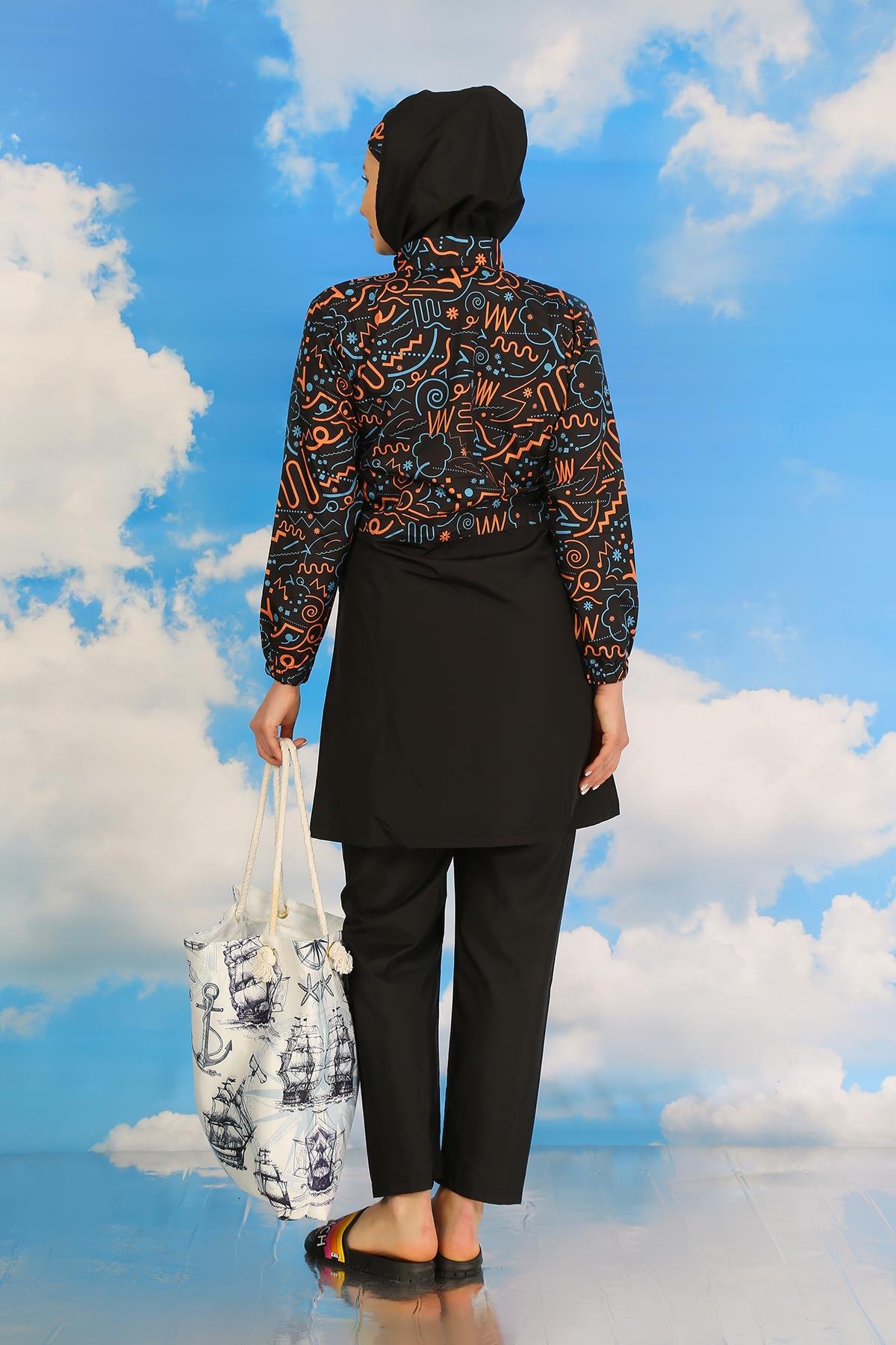 Akbeniz Kadın Pantolonlu Desenli Tam Tesettür Mayo Siyah 31075