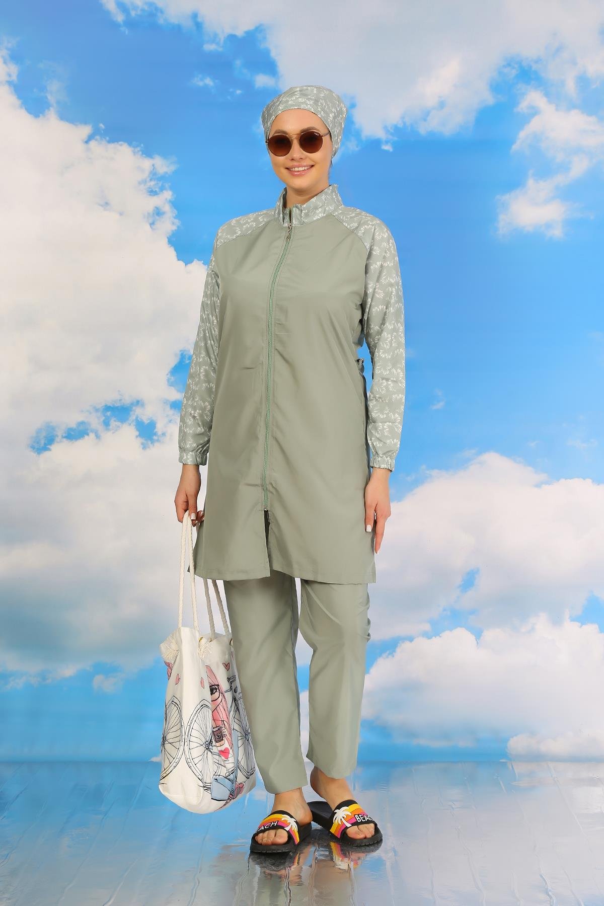 Akbeniz Kadın Pantolonlu Desenli Tam Tesettür Mayo Su Yeşili 31072
