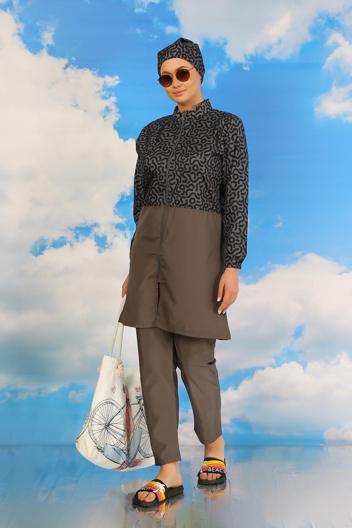 Akbeniz Kadın Pantolonlu Desenli Tam Tesettür Mayo Füme 31074