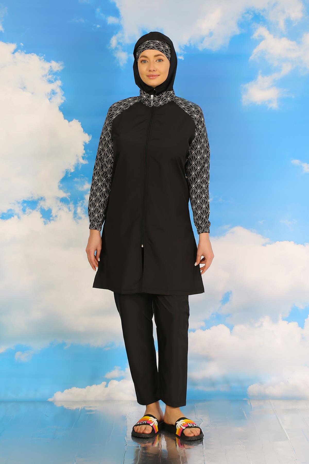 Akbeniz Kadın Pantolonlu Desenli Tam Tesettür Mayo Siyah 31072