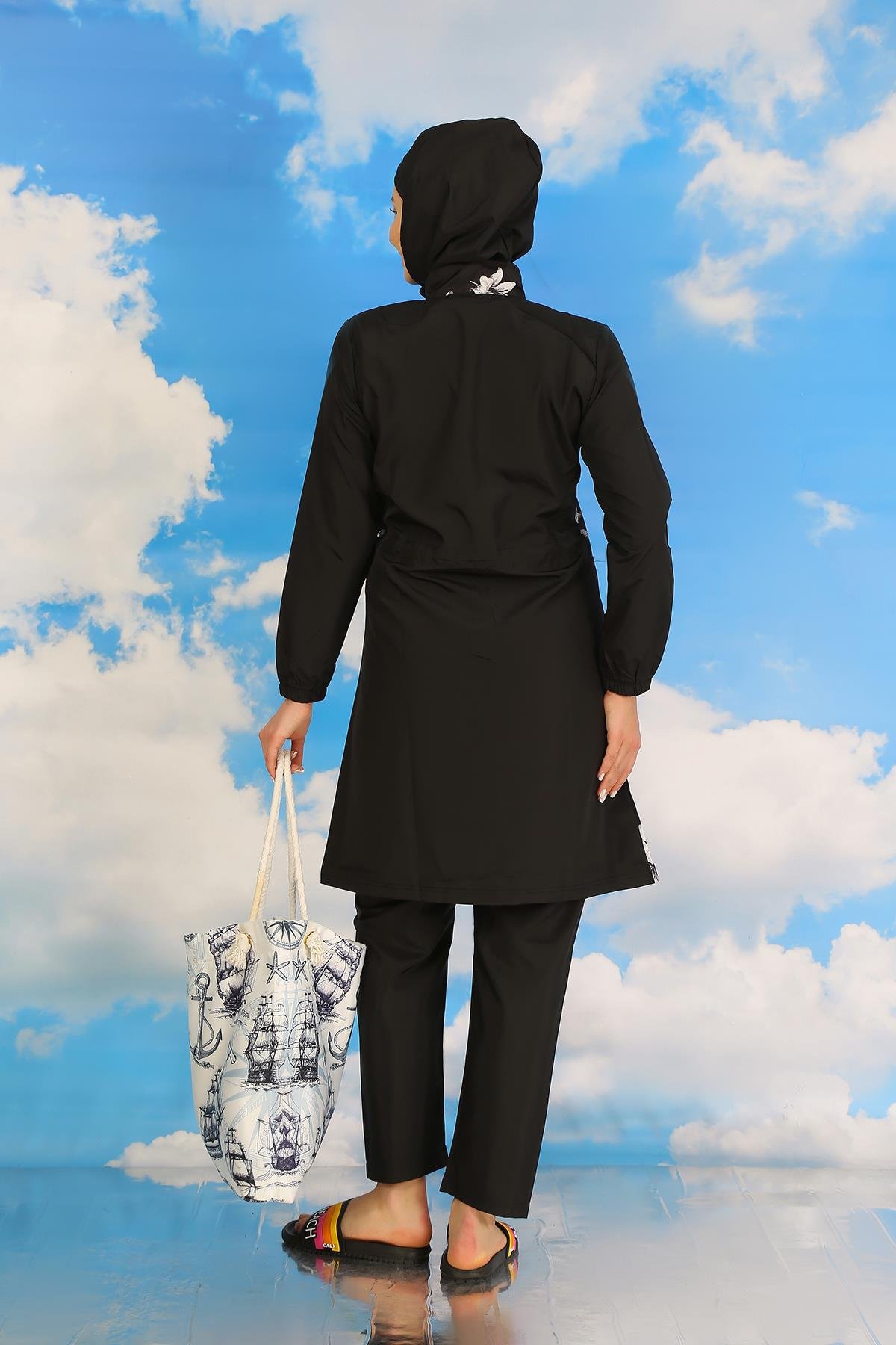 Akbeniz Kadın Pantolonlu Desenli Tam Tesettür Mayo Siyah 31070