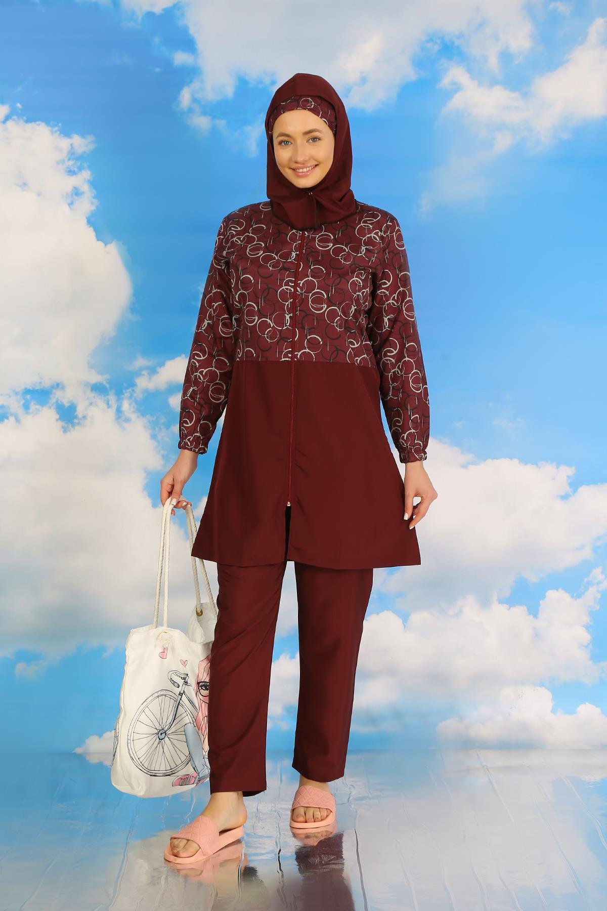 Akbeniz Kadın Pantolonlu Desenli Tam Tesettür Mayo Bordo 31075