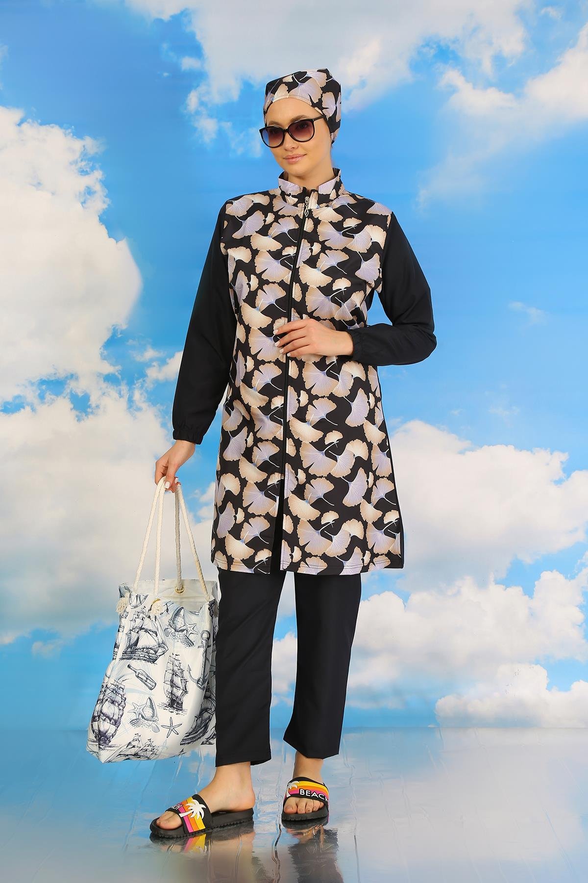 Akbeniz Kadın Pantolonlu Desenli Tam Tesettür Mayo Lacivert 31070