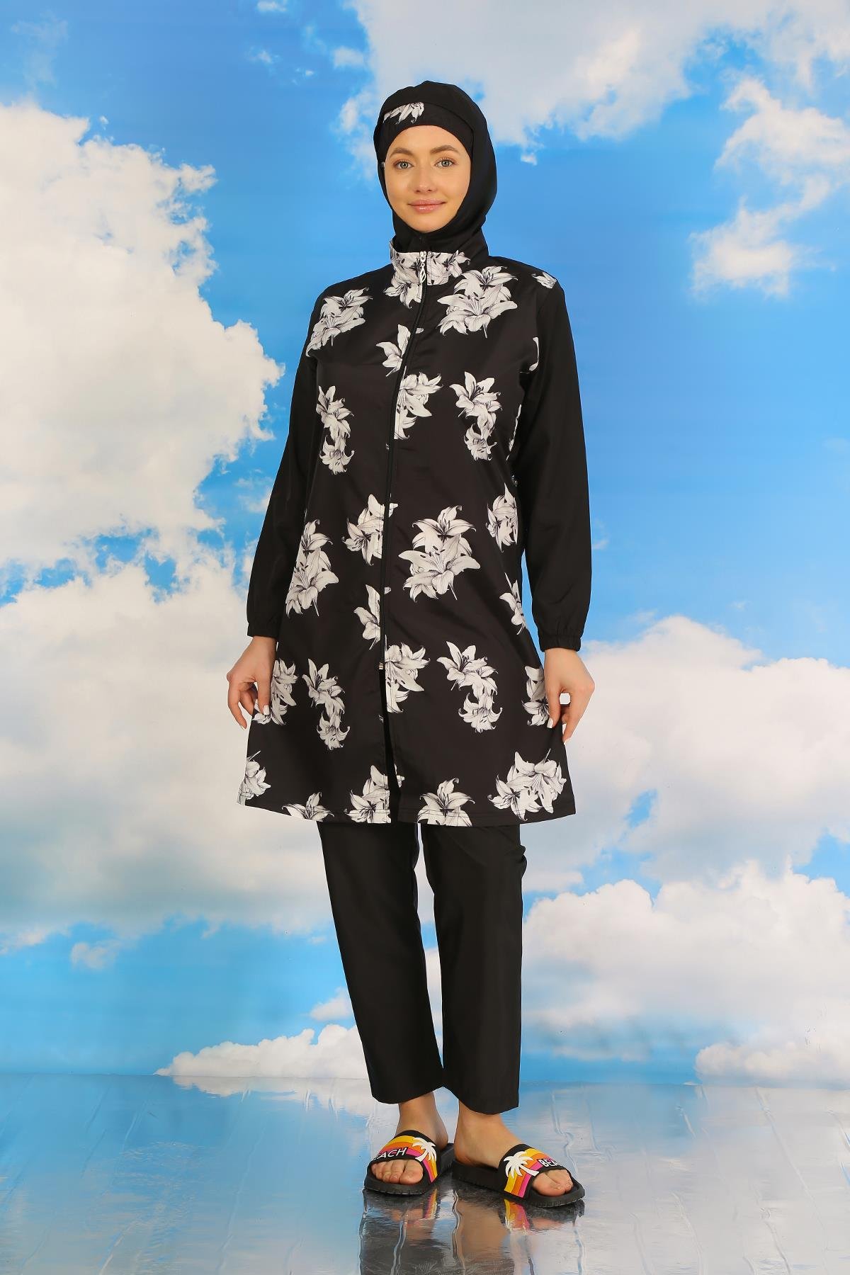 Akbeniz Kadın Pantolonlu Desenli Tam Tesettür Mayo Siyah 31070
