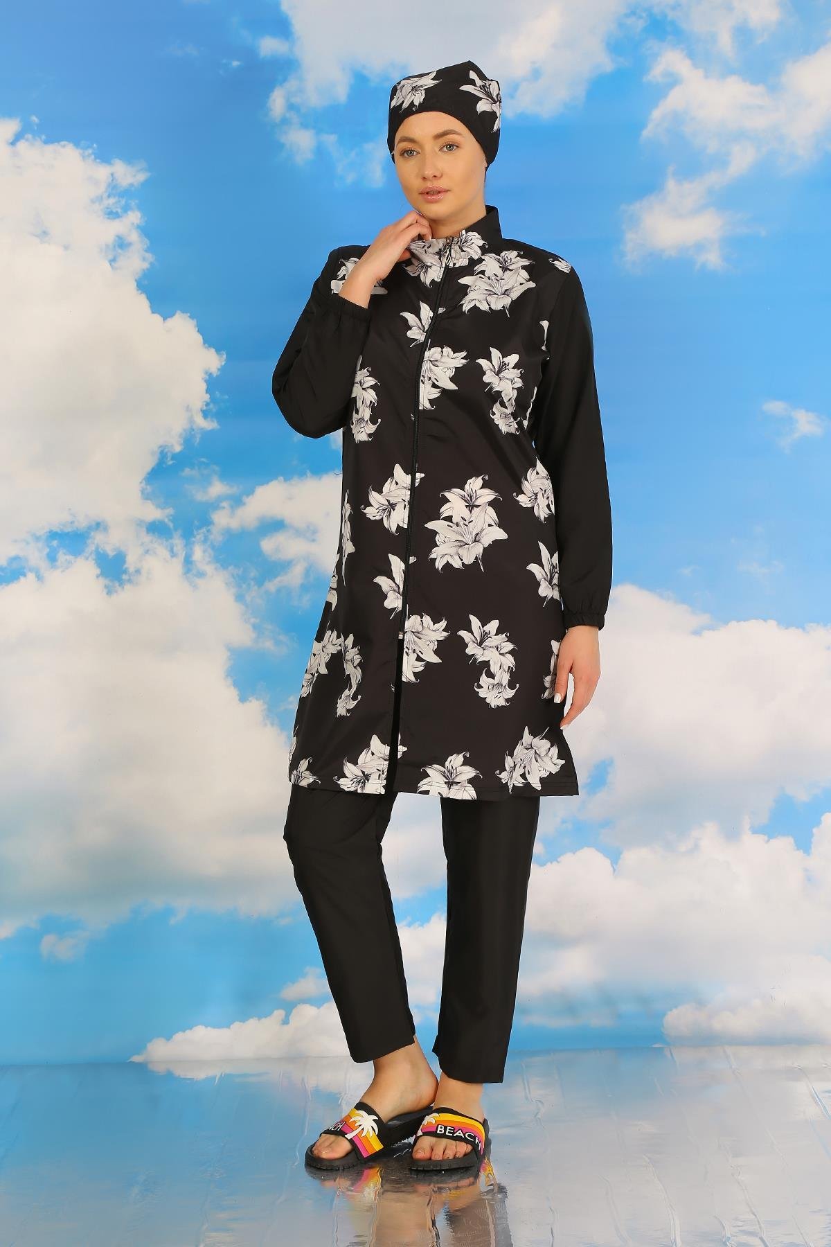 Akbeniz Kadın Pantolonlu Desenli Tam Tesettür Mayo Siyah 31070