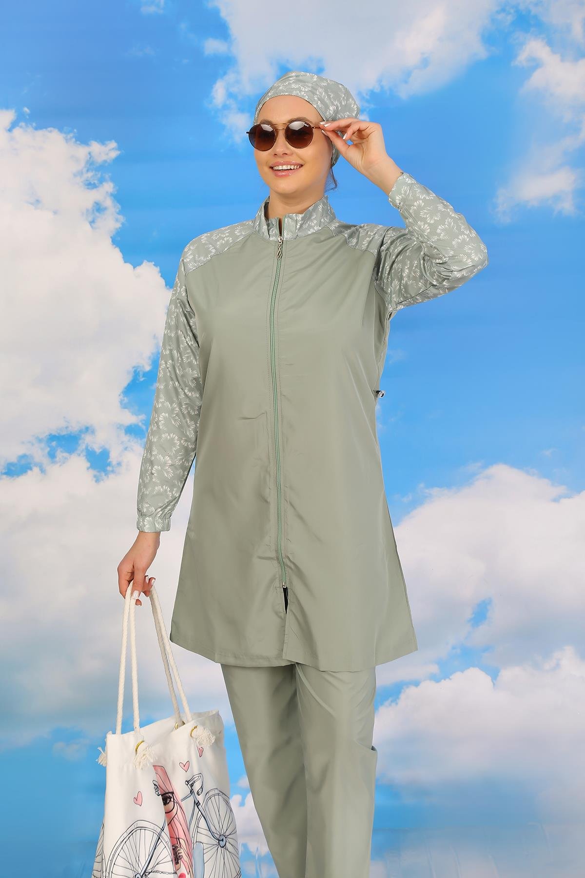 Akbeniz Kadın Pantolonlu Desenli Tam Tesettür Mayo Su Yeşili 31072