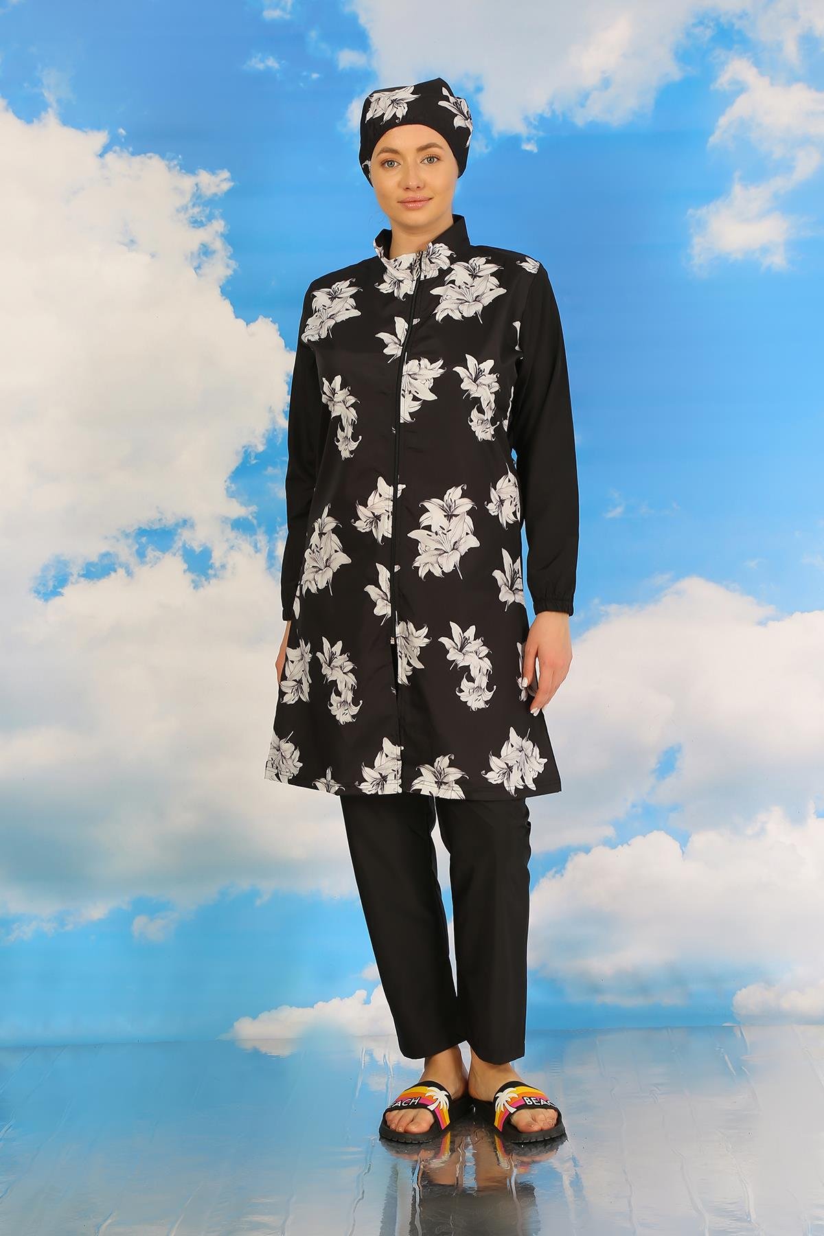 Akbeniz Kadın Pantolonlu Desenli Tam Tesettür Mayo Siyah 31070